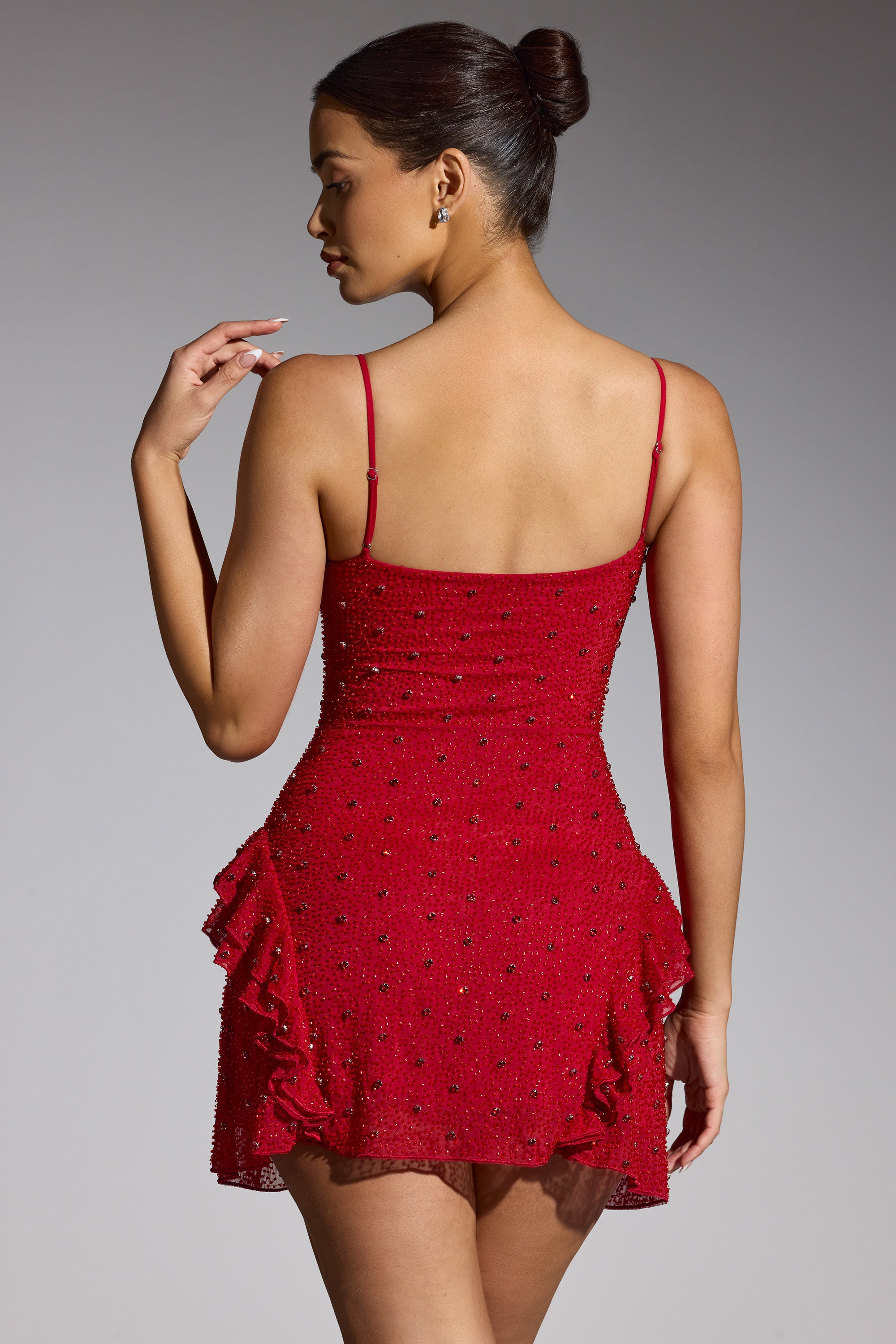 Domblans Embellished Frill Mini Dress in Red - Image 8
