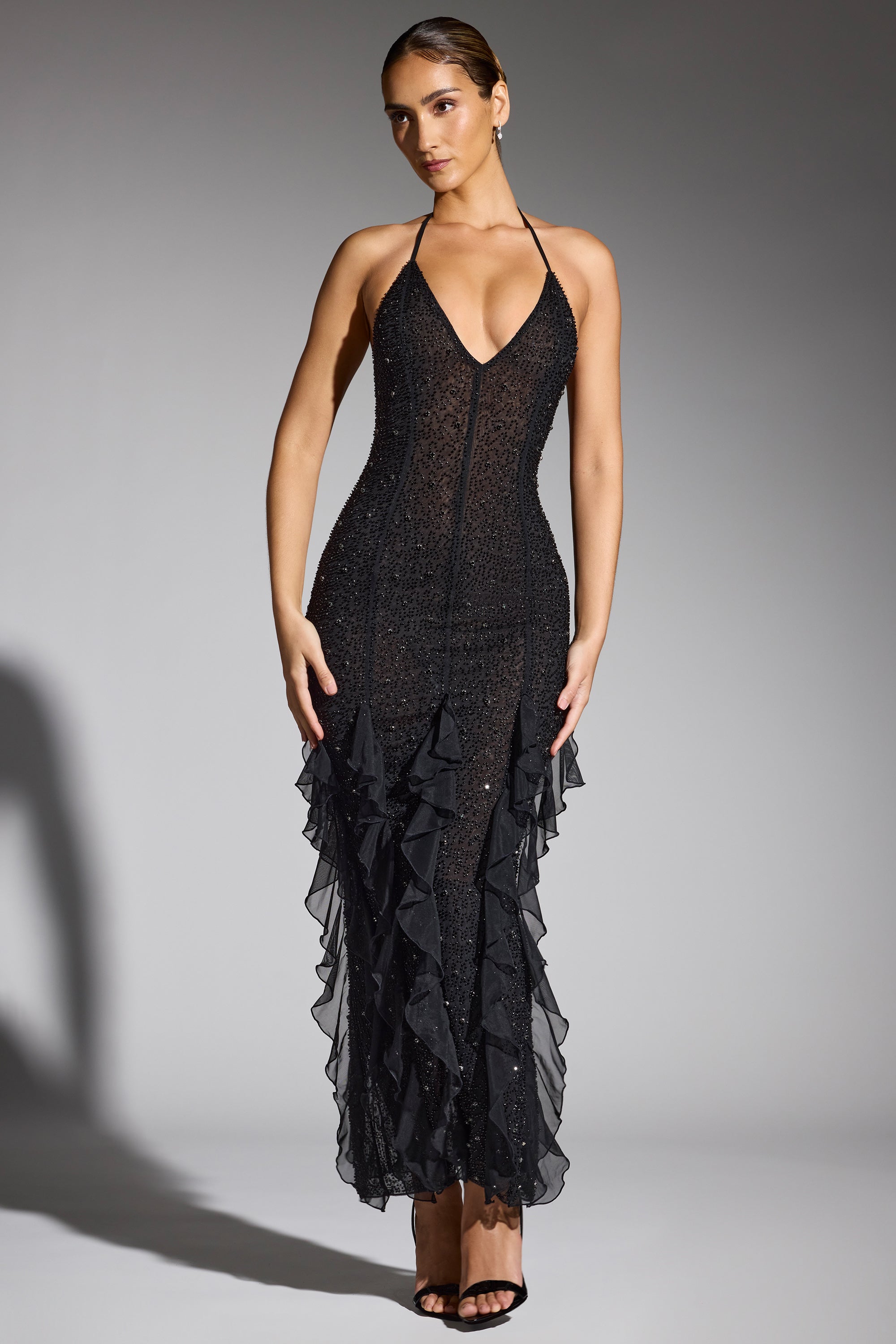 Anley Embellished Halter Neck Ruffle Maxi Dress in Black - Image 5