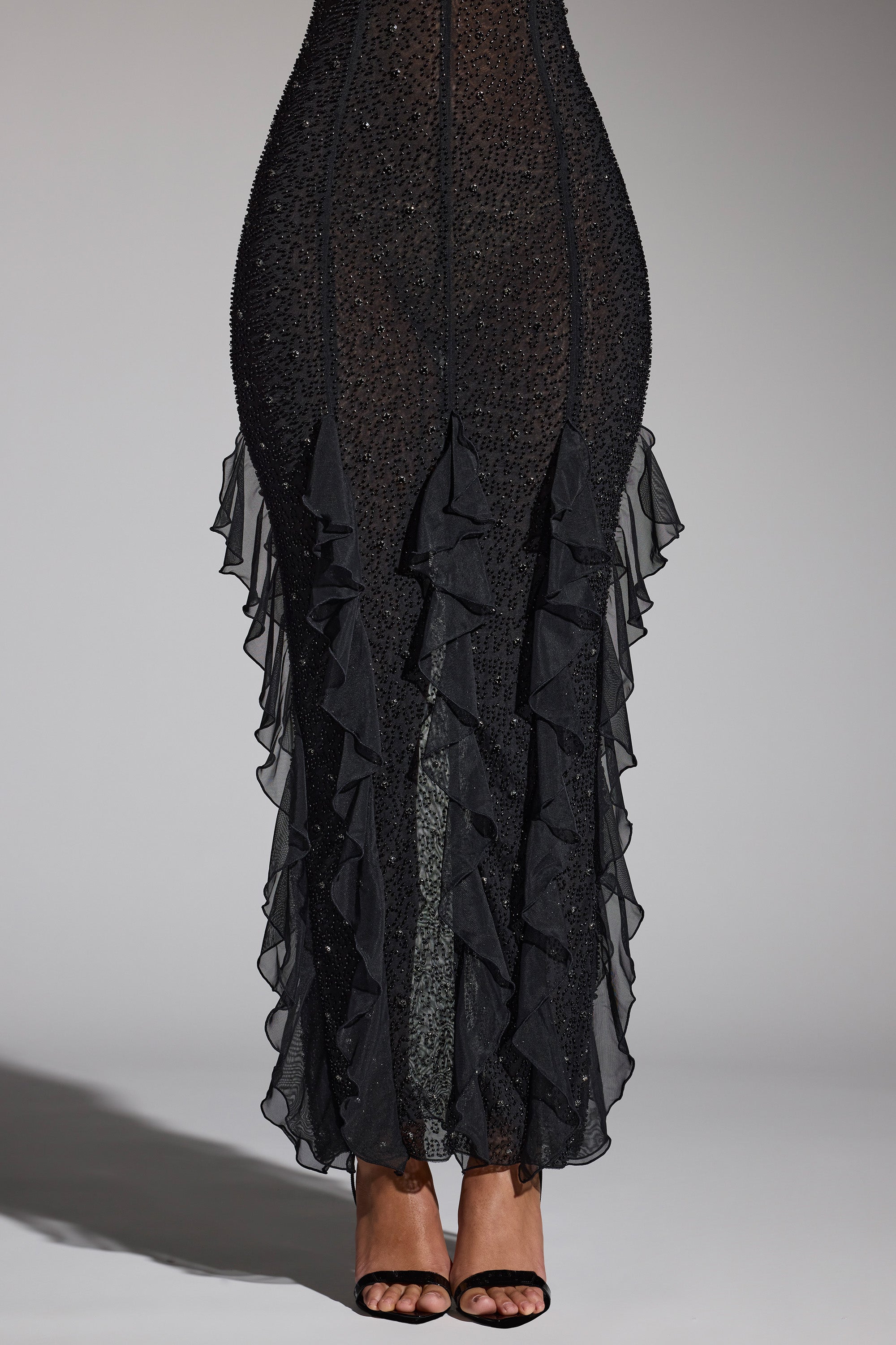 Anley Embellished Halter Neck Ruffle Maxi Dress in Black - Image 4
