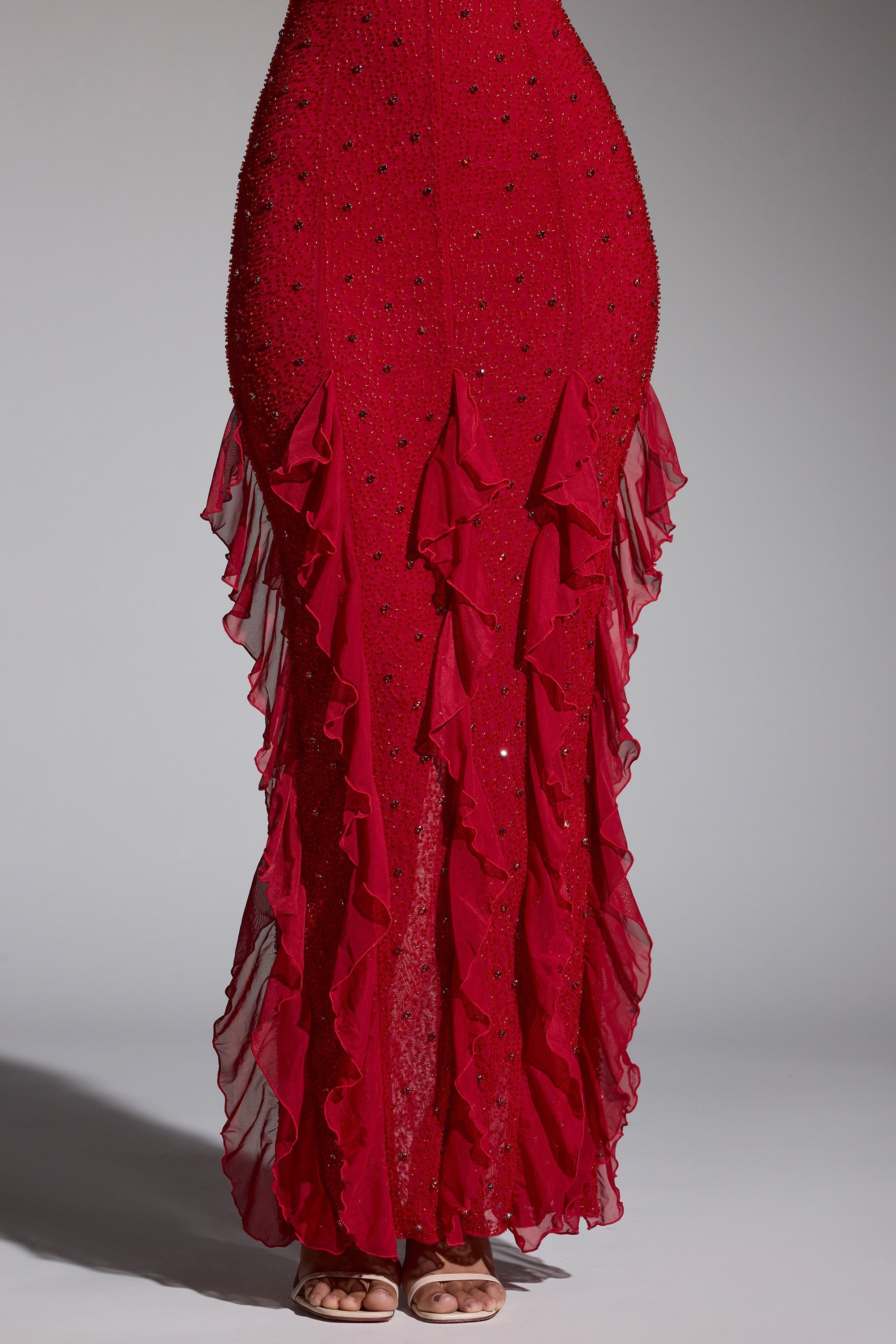 Anley Embellished Halter Neck Ruffle Maxi Dress in Red - Image 4