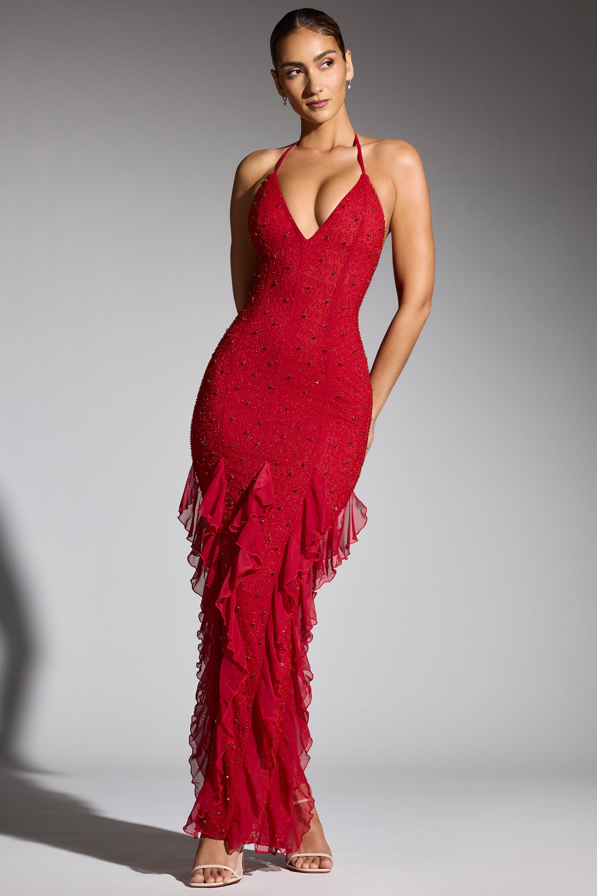 Anley Embellished Halter Neck Ruffle Maxi Dress in Red - Image 7