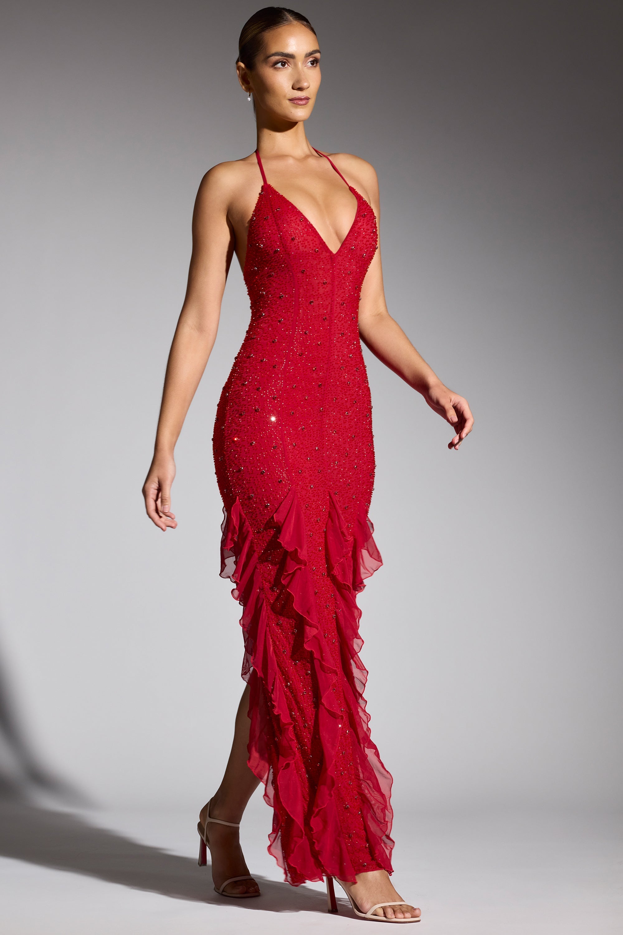 Anley Embellished Halter Neck Ruffle Maxi Dress in Red - Image 8