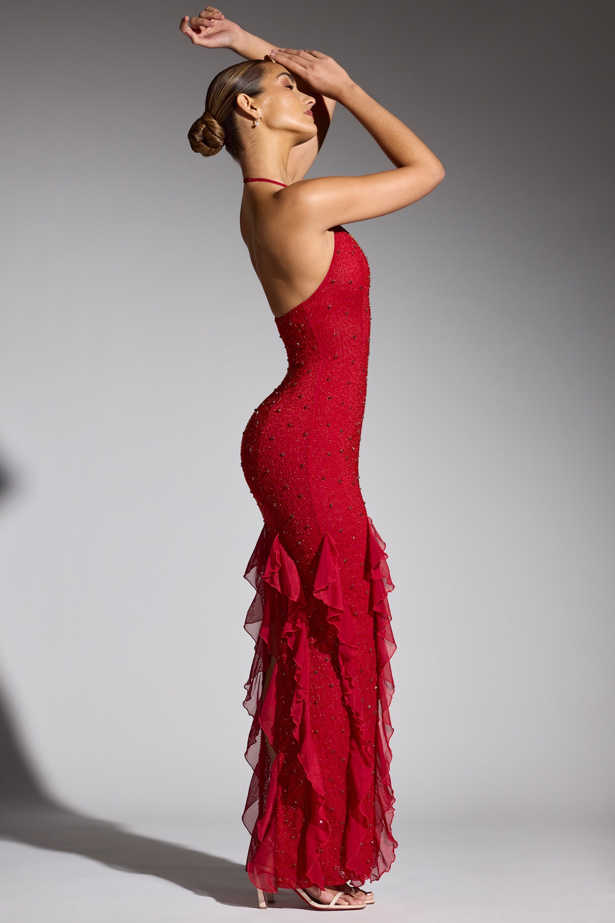Anley Embellished Halter Neck Ruffle Maxi Dress in Red - Image 3
