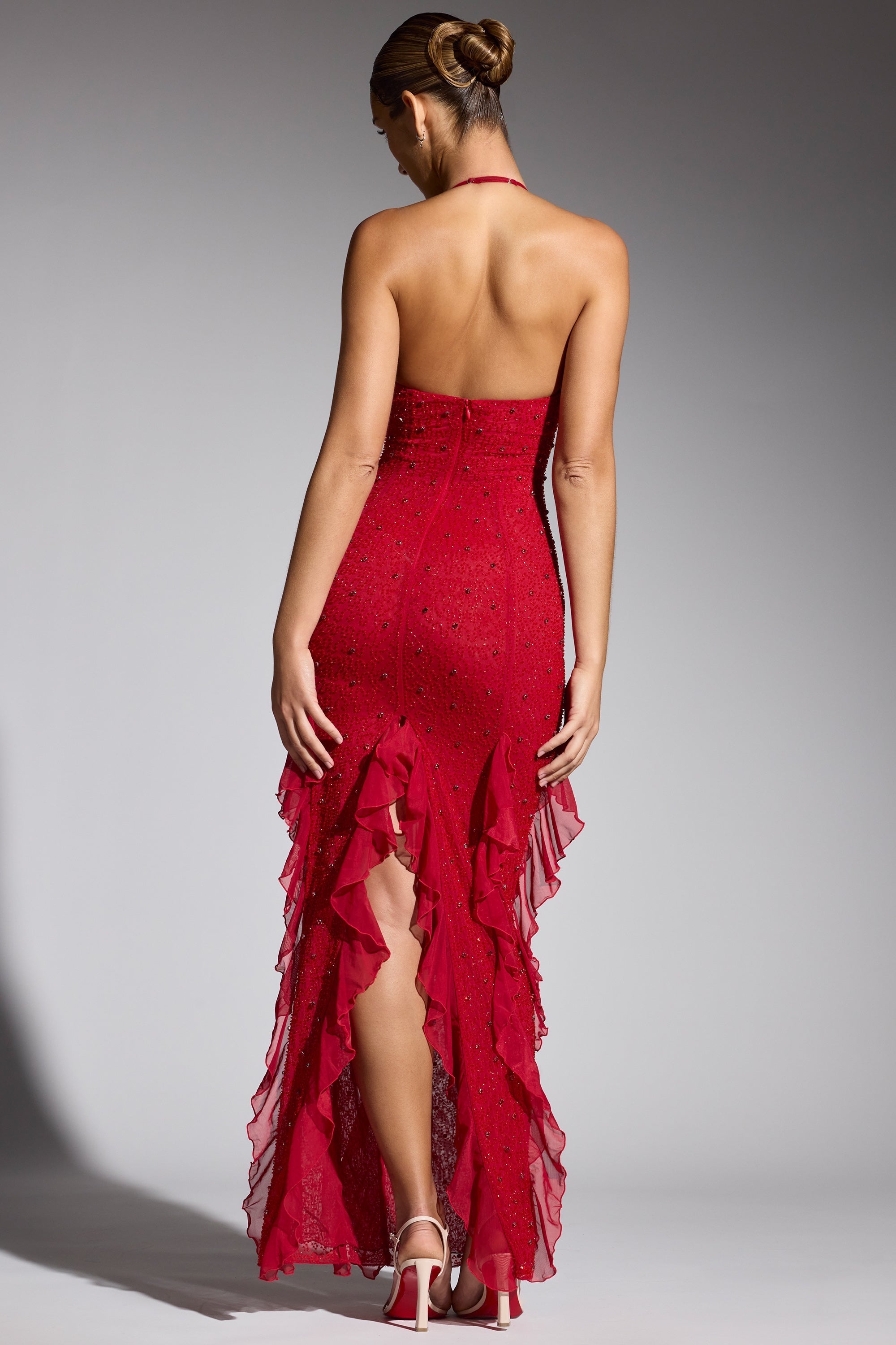 Anley Embellished Halter Neck Ruffle Maxi Dress in Red - Image 2