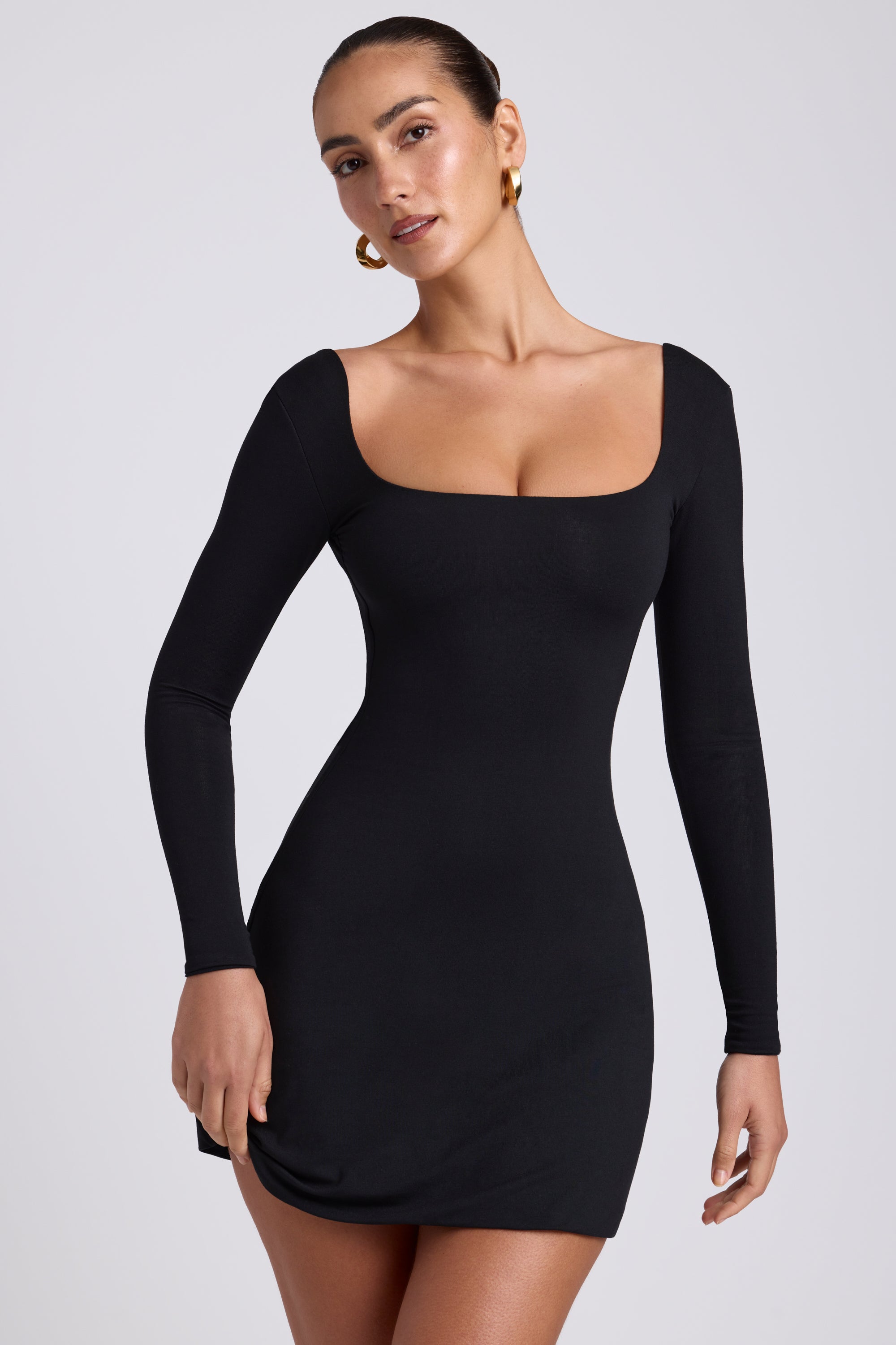 Hope Modal Square Neck Long Sleeve Mini Dress in Black - Image 4