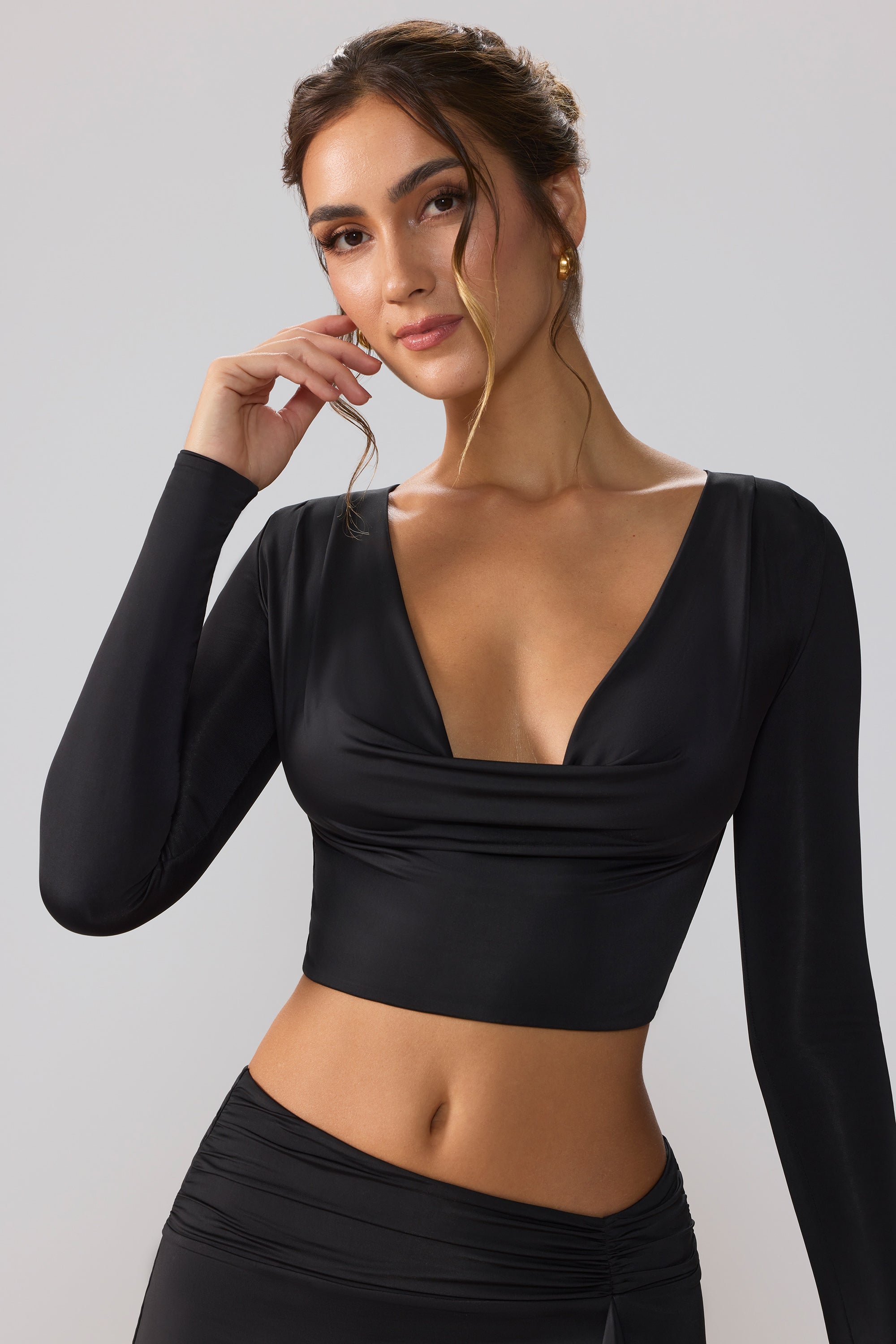 Avery Slinky Jersey Plunge Neck Long Sleeve Crop Top Top in Black - Image 6