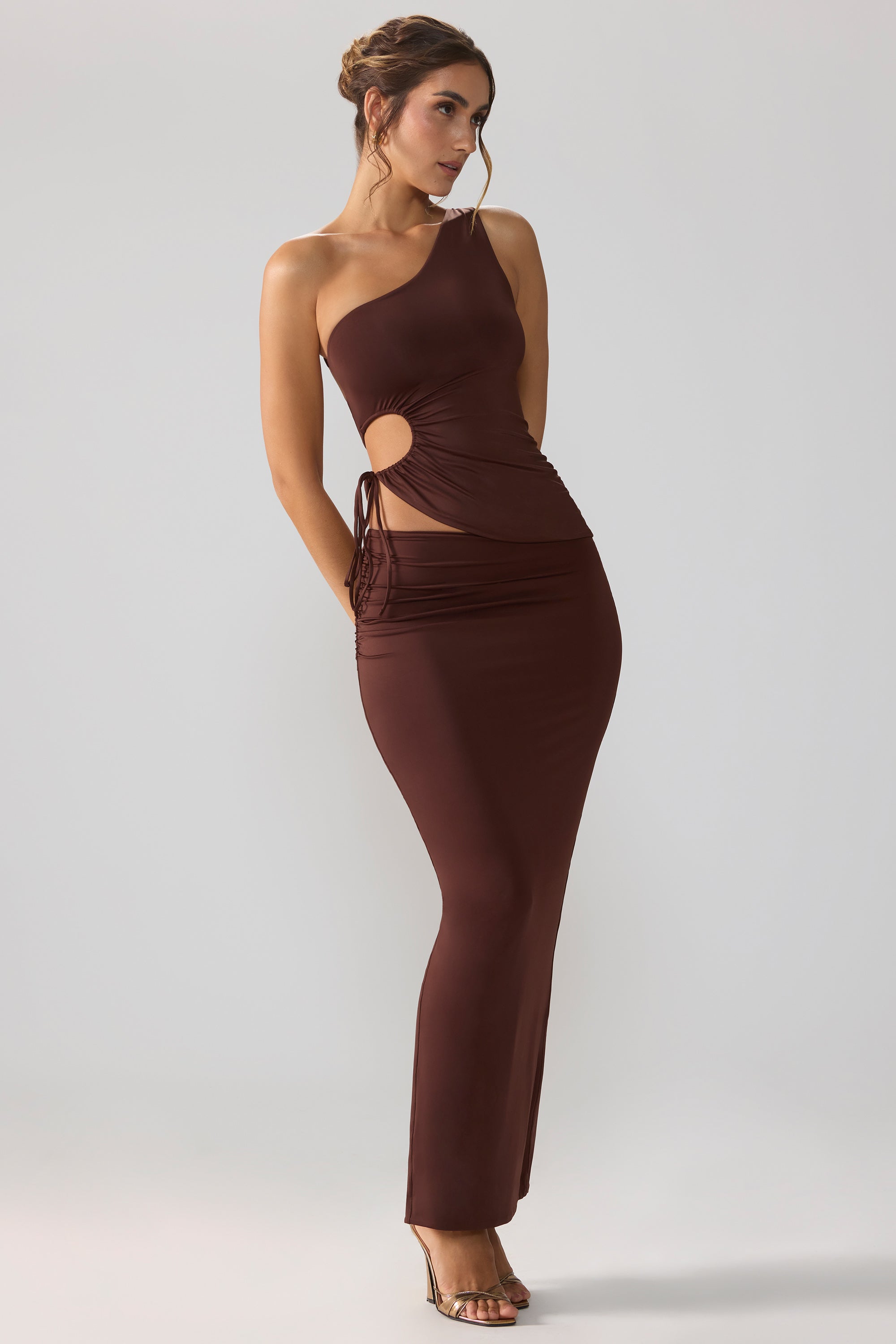 Rowan Slinky Jersey Asymmetric Waist Maxi Skirt in Brown - Image 5