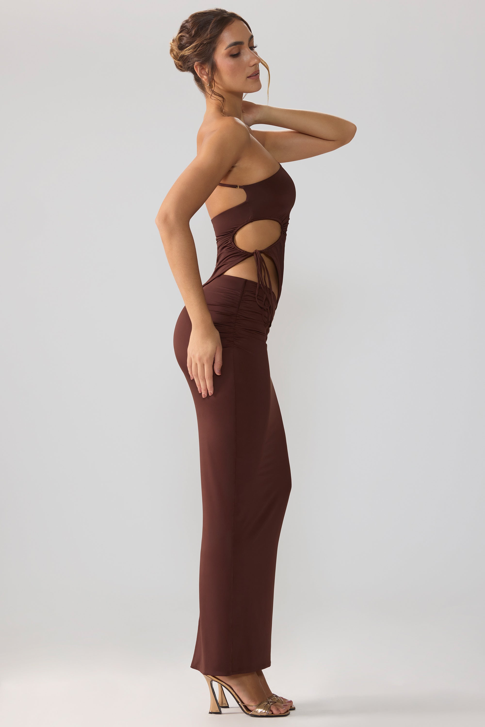 Rowan Slinky Jersey Asymmetric Waist Maxi Skirt in Brown - Image 6