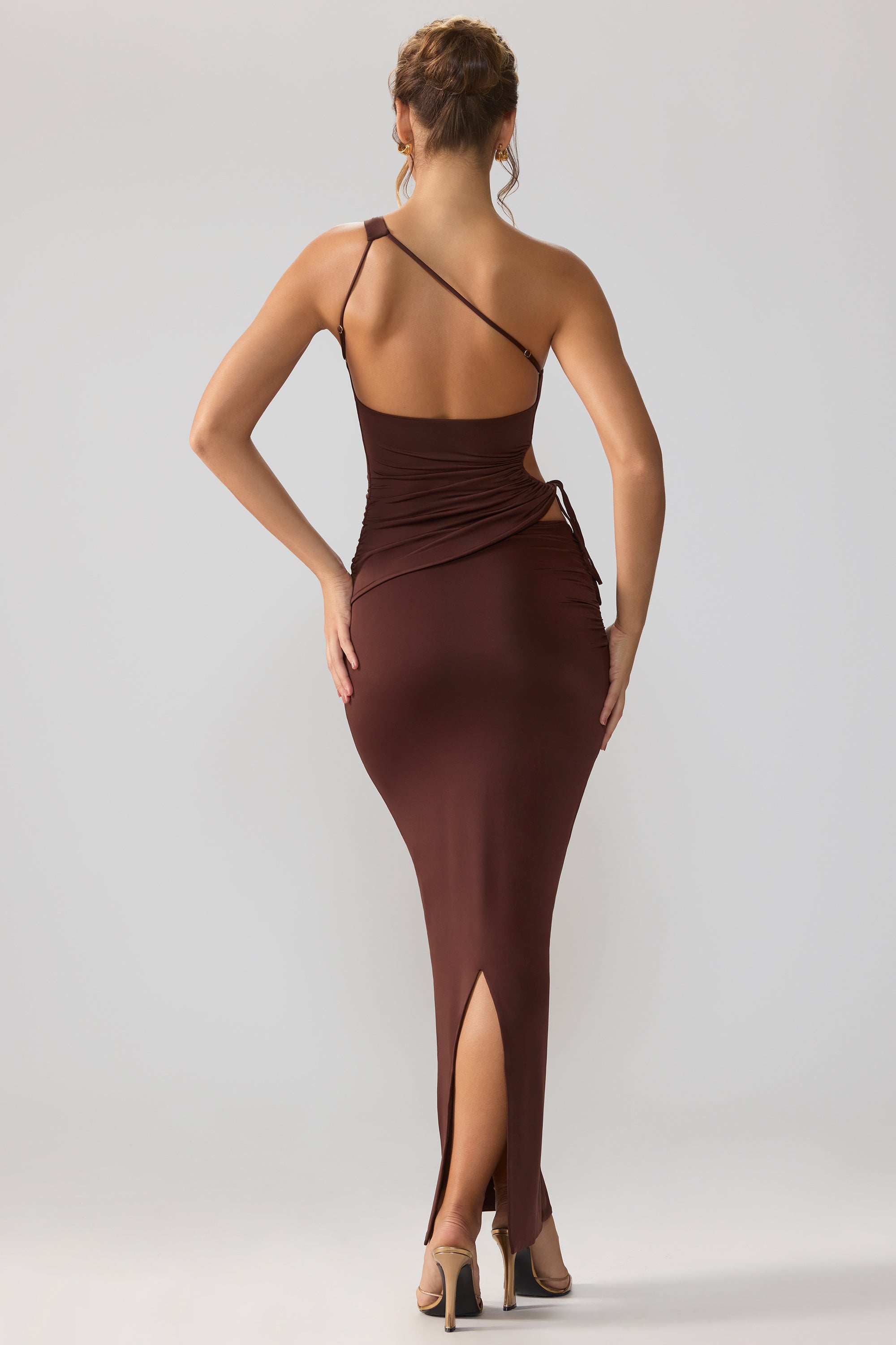 Rowan Slinky Jersey Asymmetric Waist Maxi Skirt in Brown - Image 2