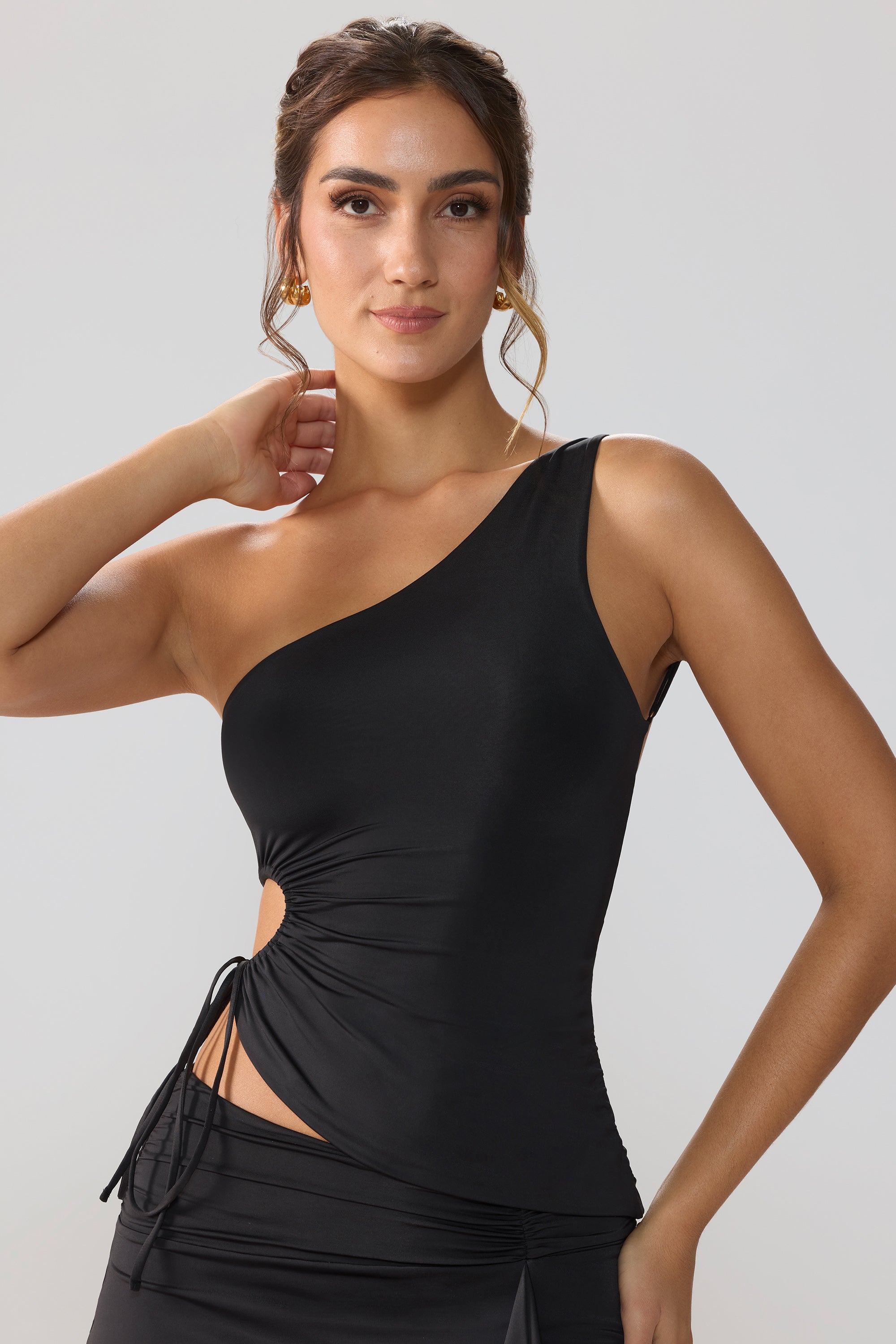 Aura Slinky Jersey Ruched Cut Out One Shoulder Top in Black