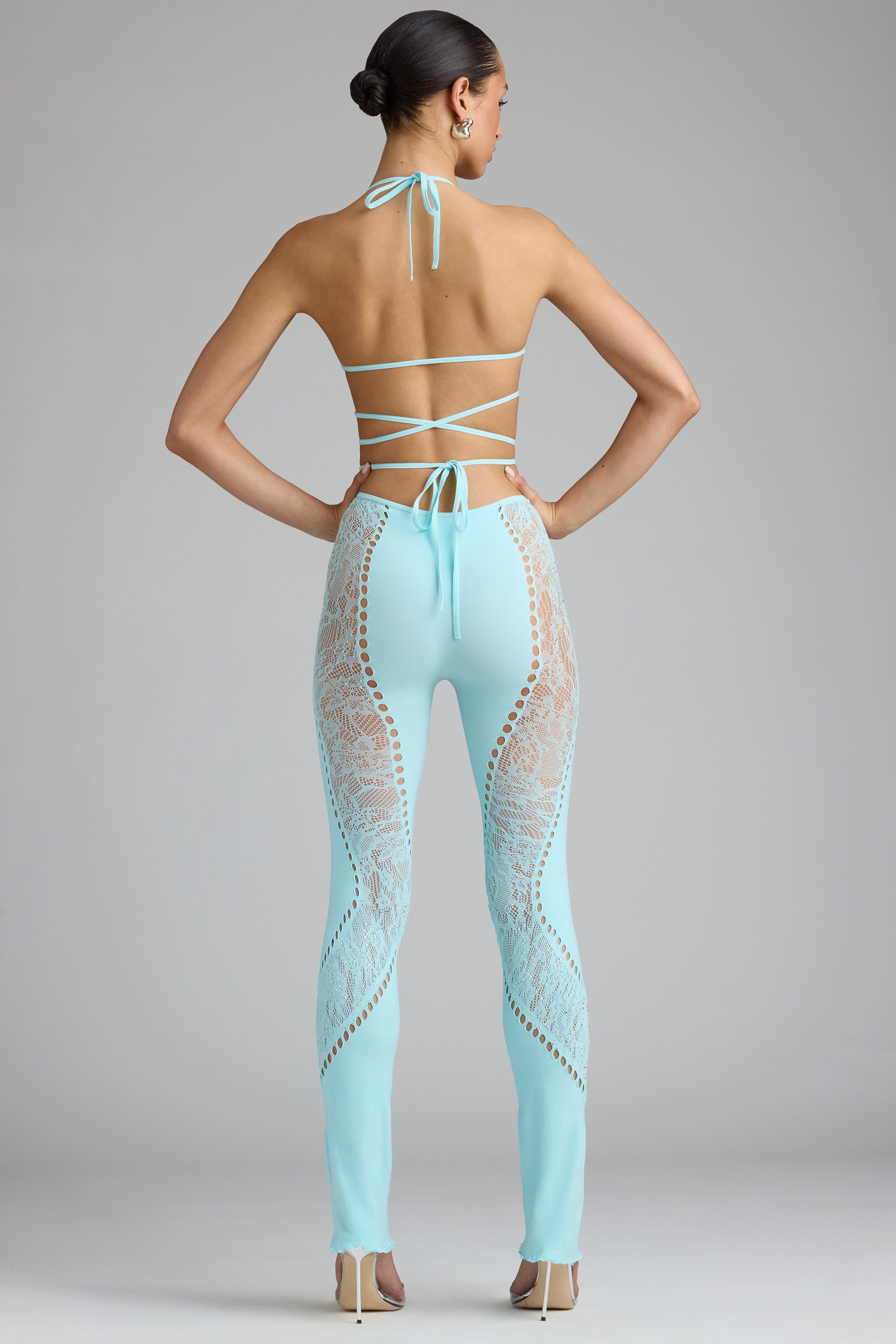 Stevie Embellished Mid-Rise Flared Trousers in Ice Blue - Image 4