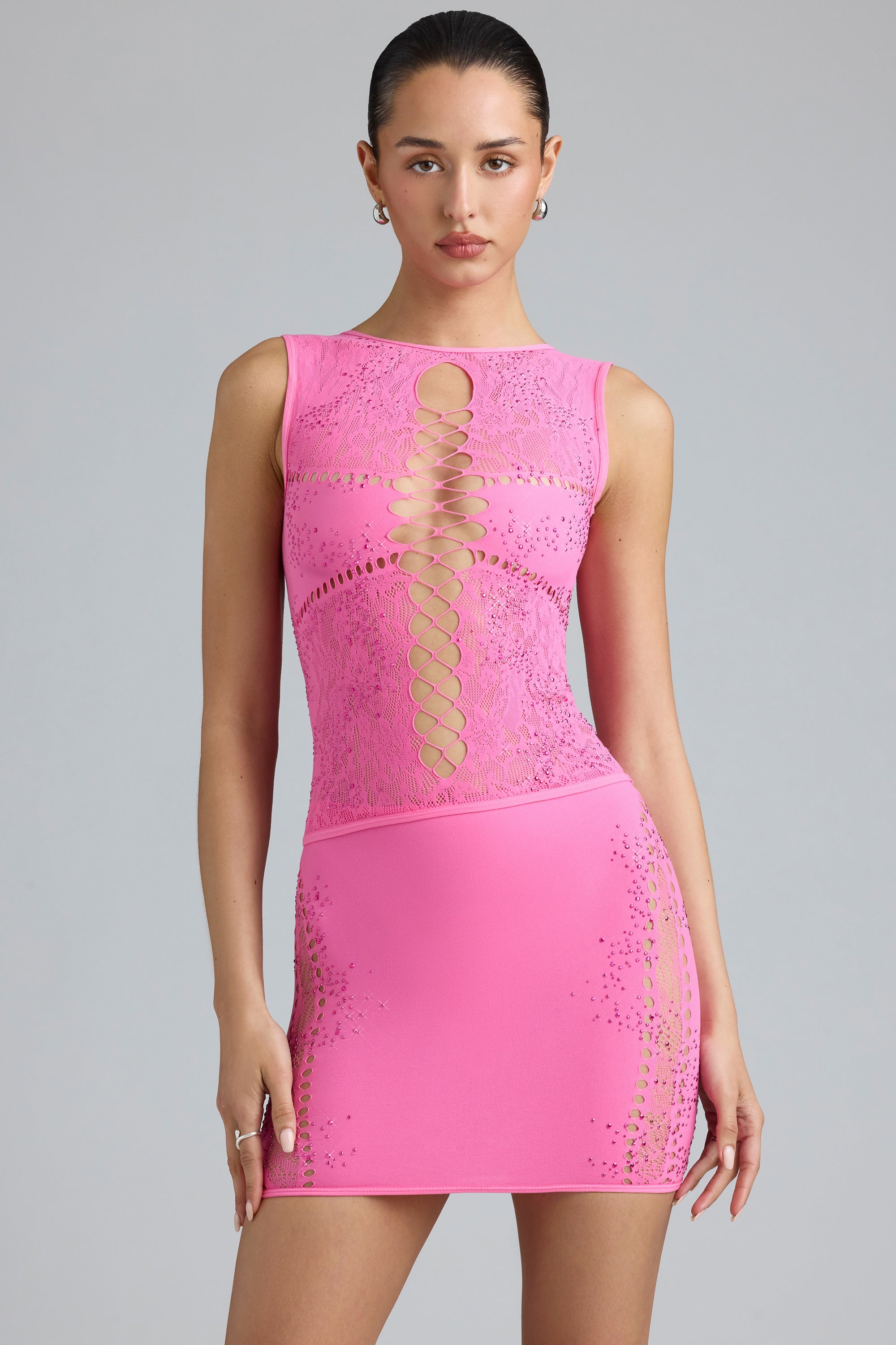 Joni Embellished Mid-Rise Mini Skirt in Bubblegum Pink - Image 11