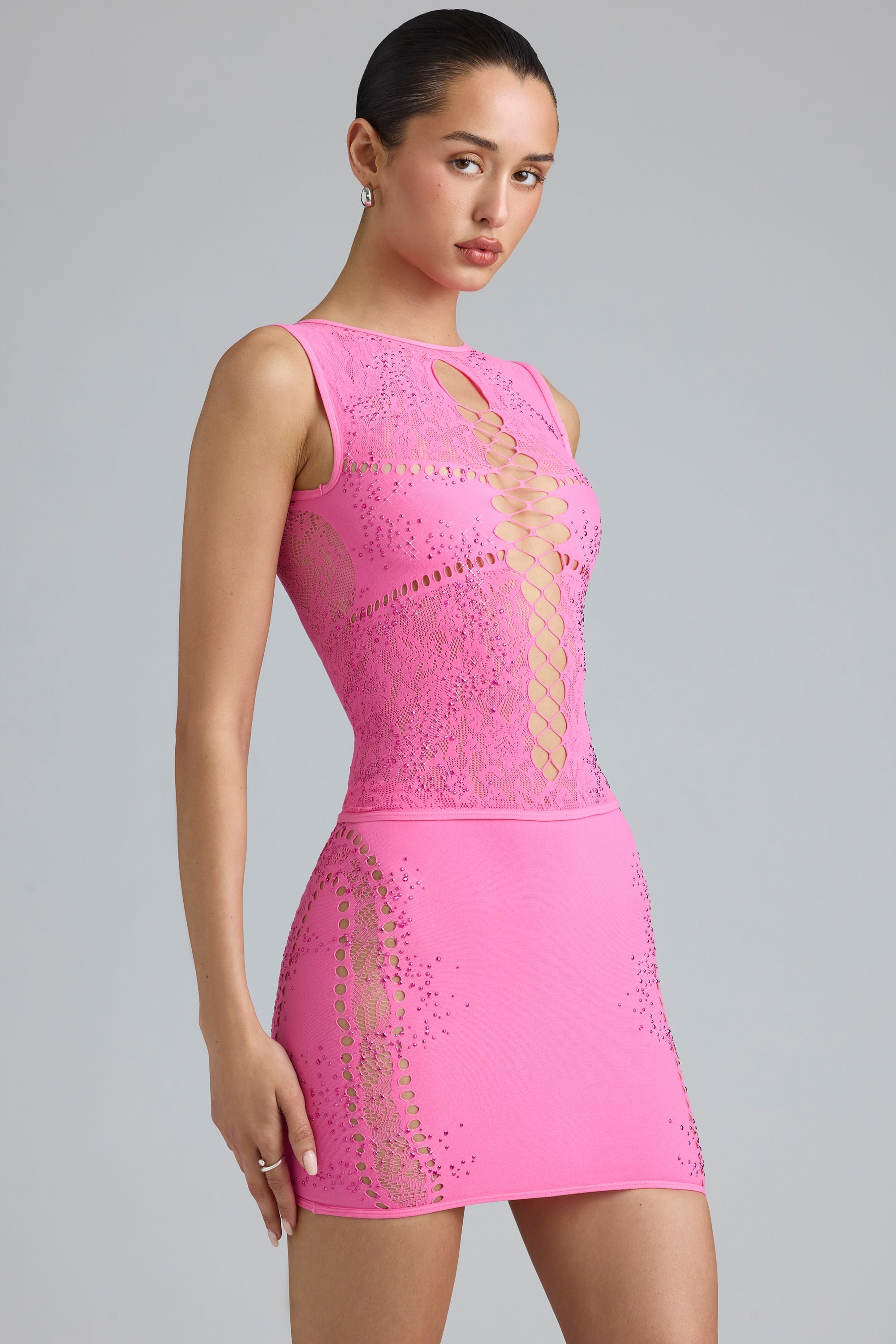 Joni Embellished Mid-Rise Mini Skirt in Bubblegum Pink - Image 7