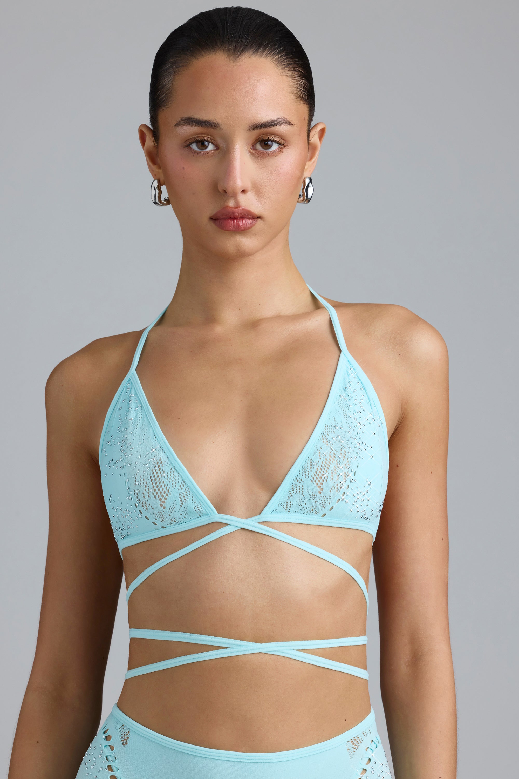 Liberty Embellished Cross-Strap Bikini Top in Ice Blue - Image 6