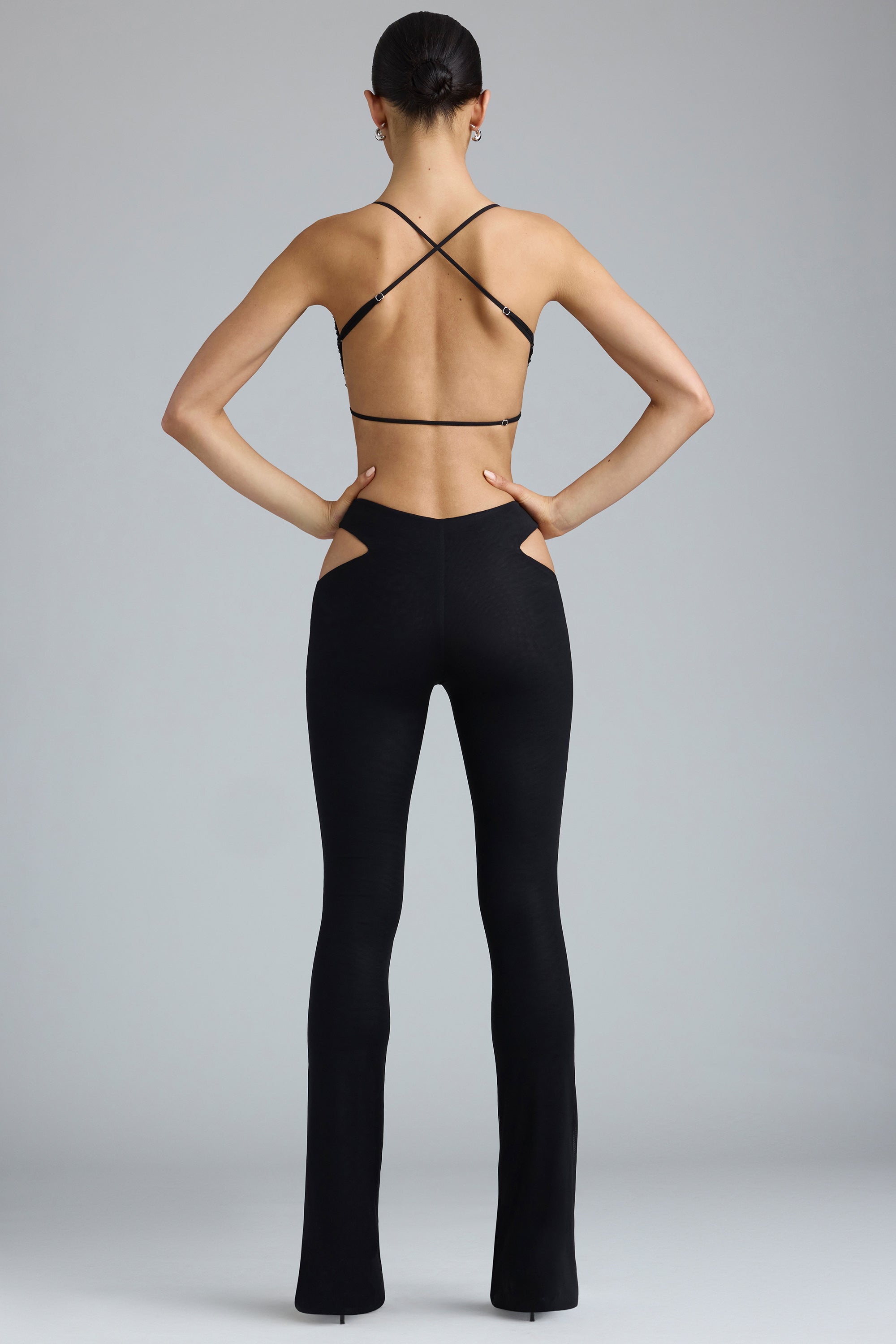 Harper Tall Metallic Cut-Out Low-Rise Flared Trousers in Black - Image 2