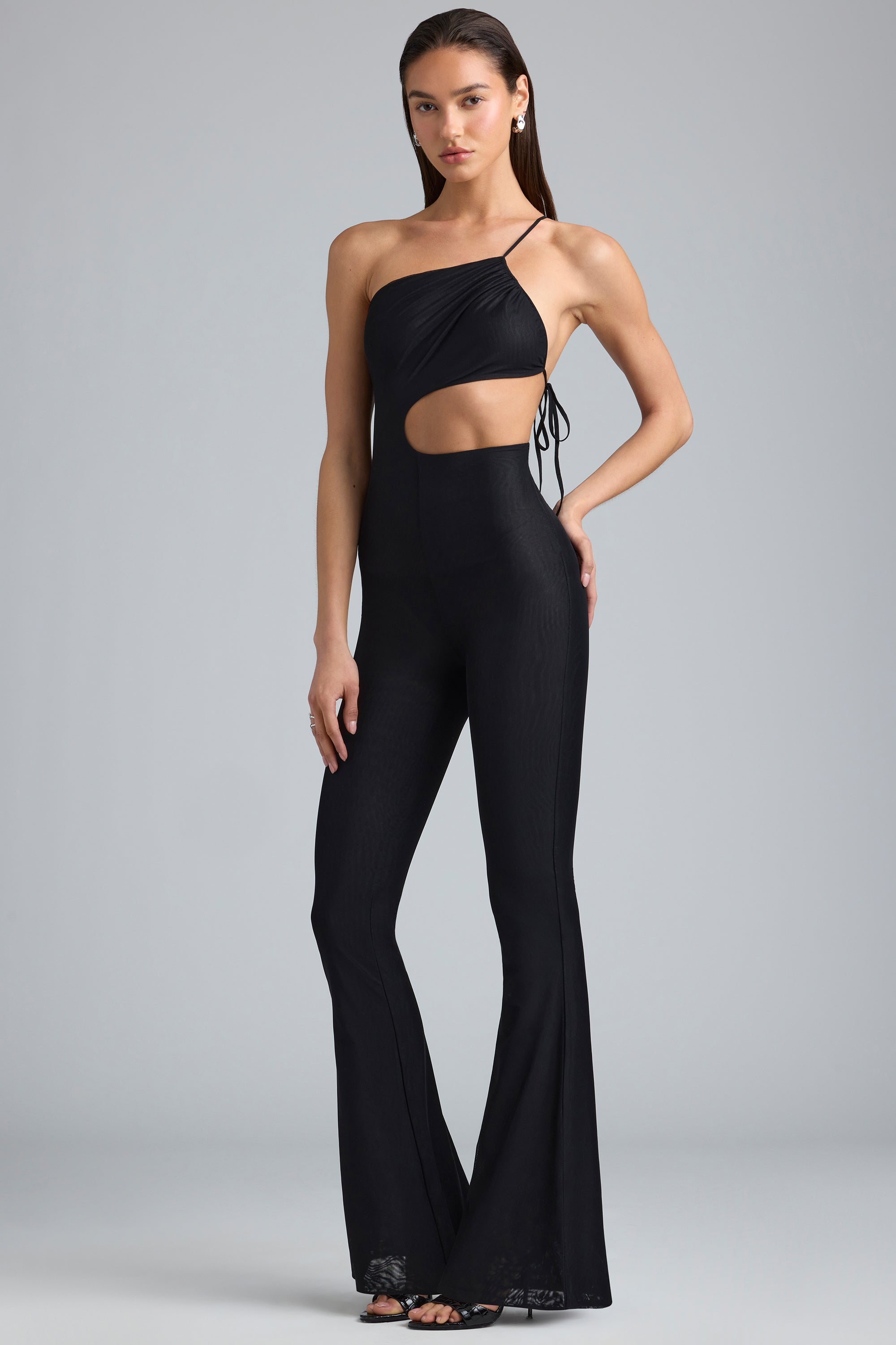 Amara Metallic Ruched Cut-Out Flared Jumpsuit in Black