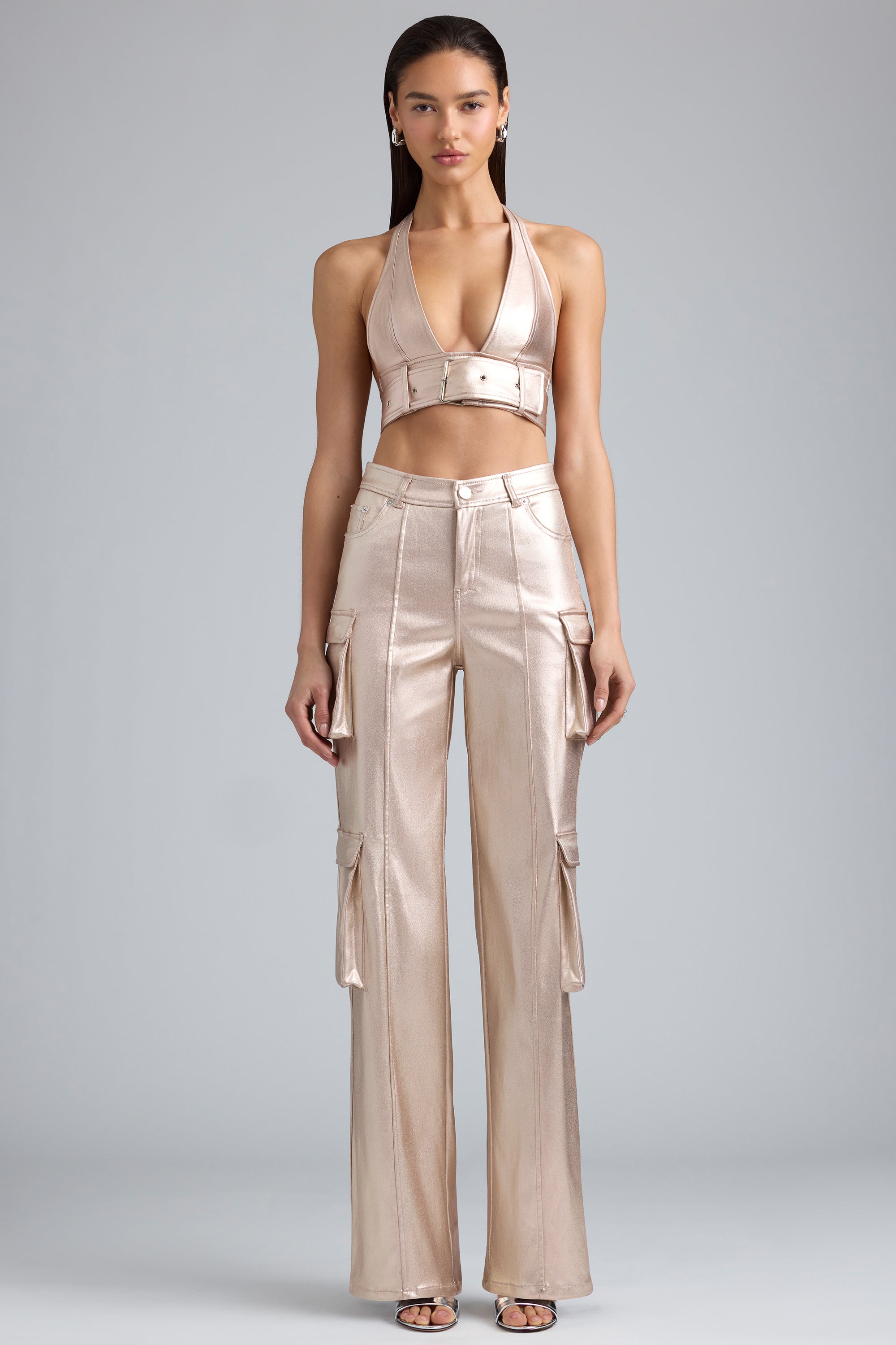 Riley Metallic Denim Cargo Trousers in Champagne - Image 5
