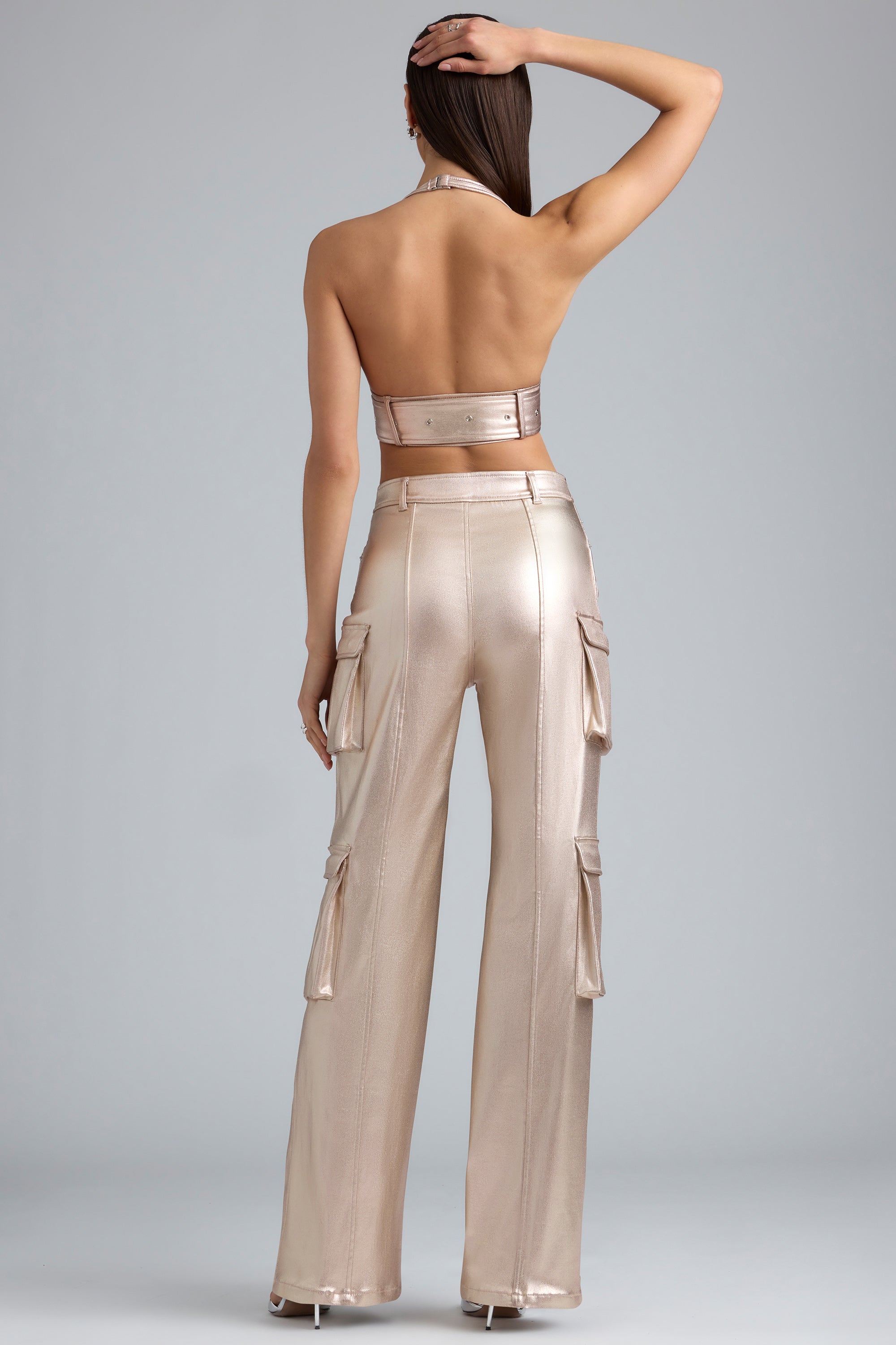 Riley Metallic Denim Cargo Trousers in Champagne - Image 2