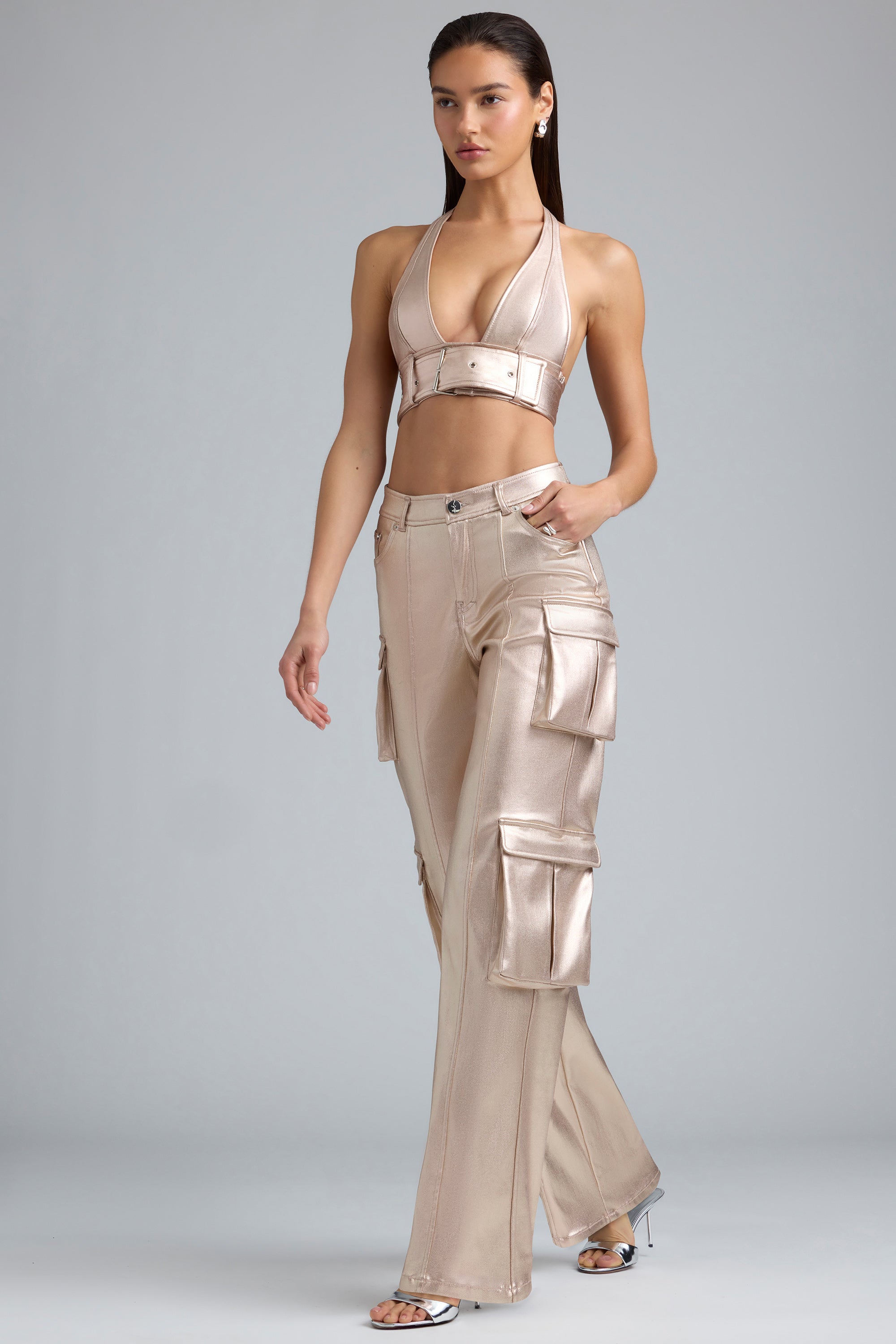 Riley Metallic Denim Cargo Trousers in Champagne - Image 4