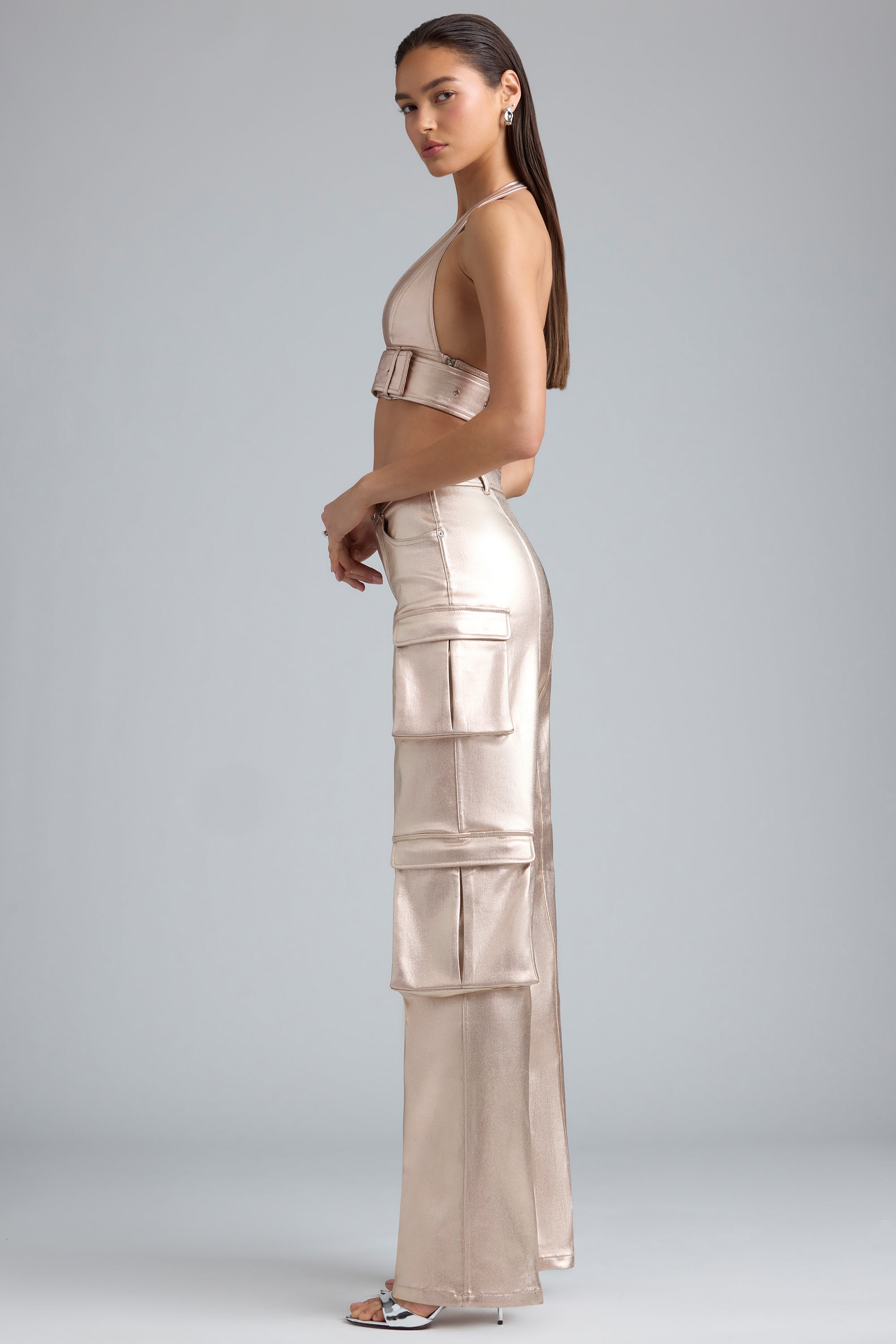 Riley Metallic Denim Cargo Trousers in Champagne - Image 3