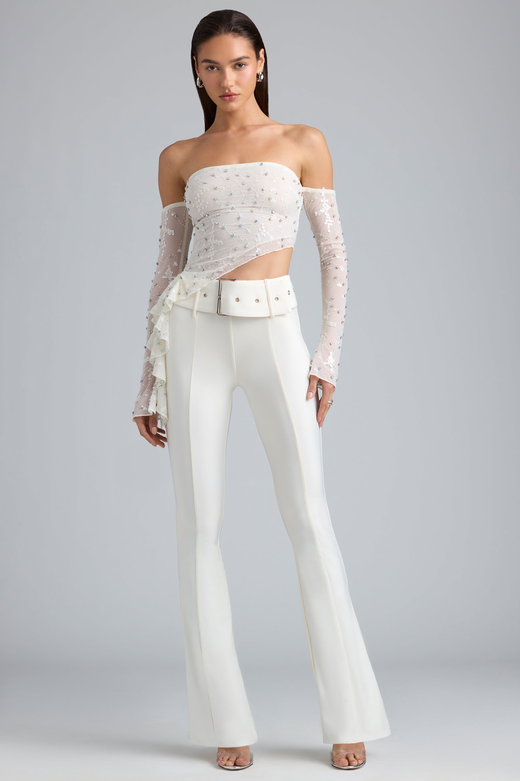 Gia Metallic Belted Mid-Rise Flared Trousers in Ivory