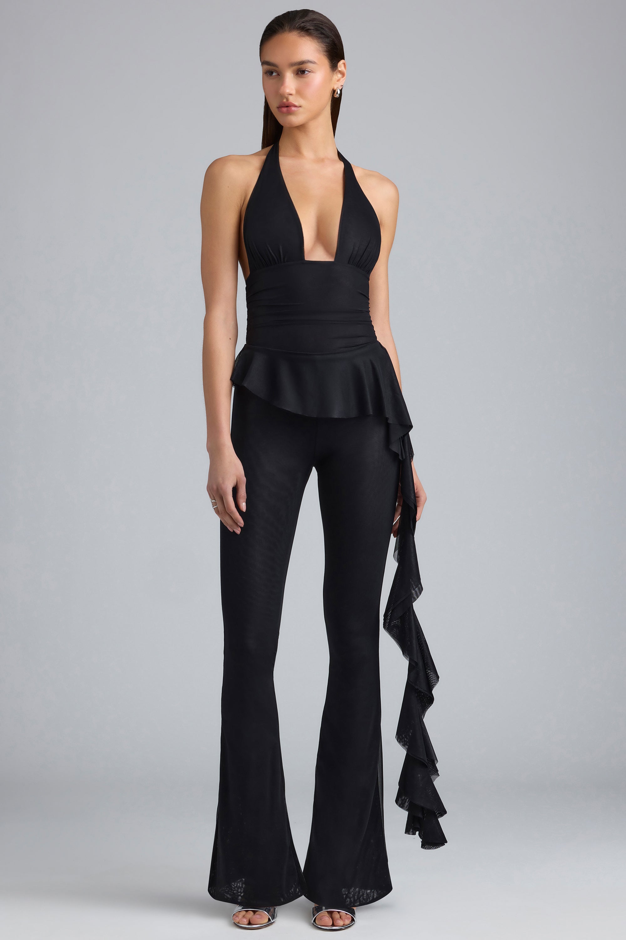 Reese Metallic Ruffle Low-Rise Flared Trousers in Black - Image 5