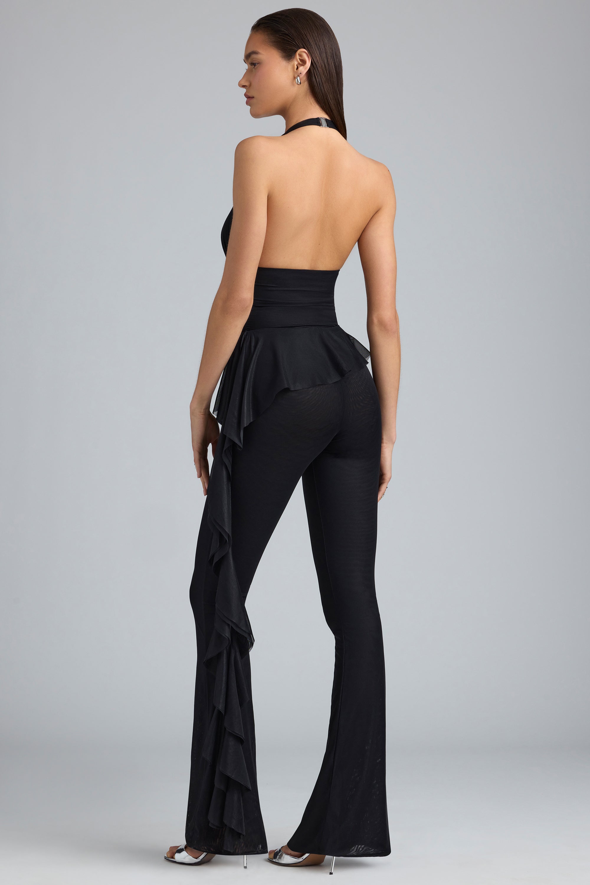 Reese Metallic Ruffle Low-Rise Flared Trousers in Black - Image 2