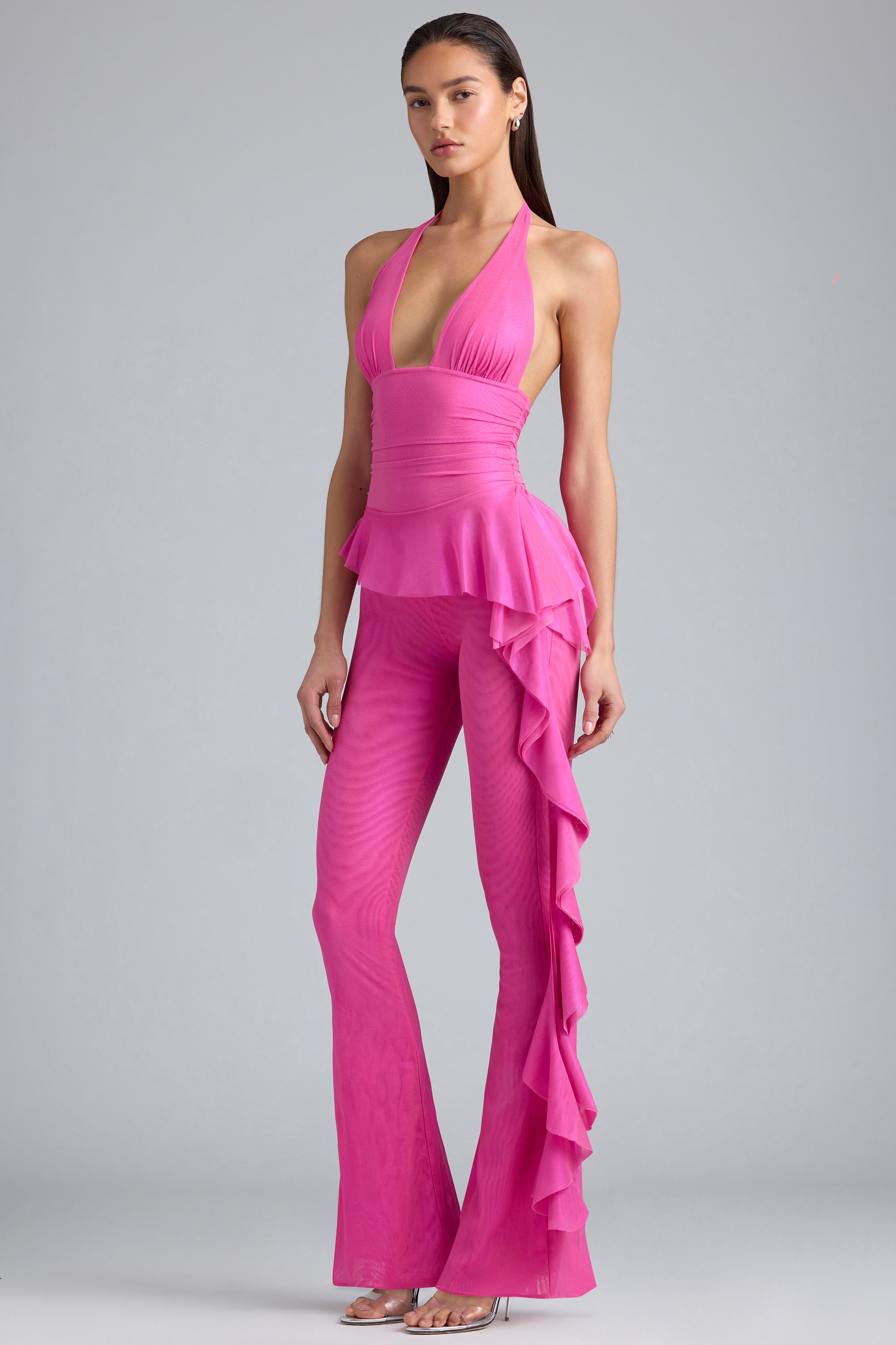 Reese Metallic Ruffle Low-Rise Flared Trousers in Bubblegum Pink