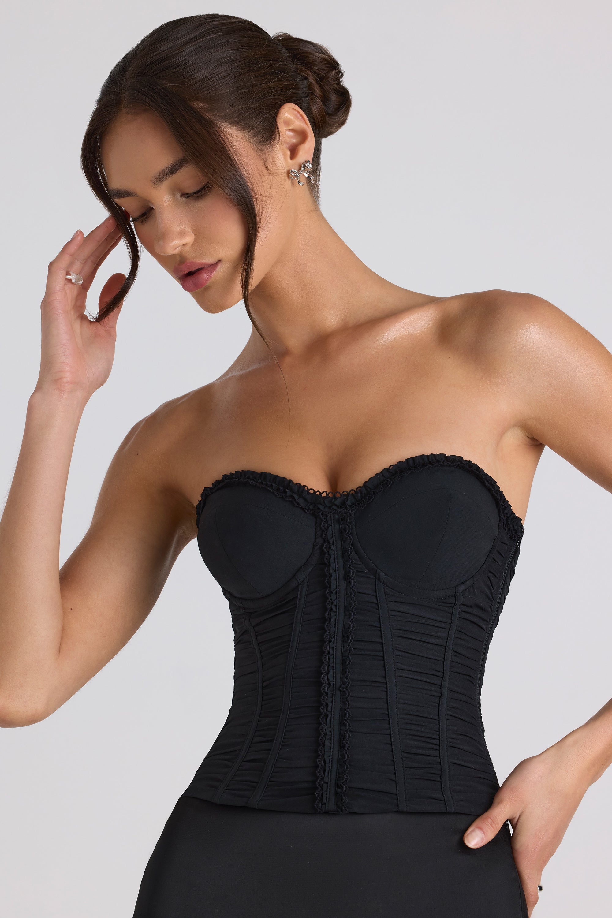 Melvina Ruched Lace-Up Strapless Corset Top in Black - Image 5