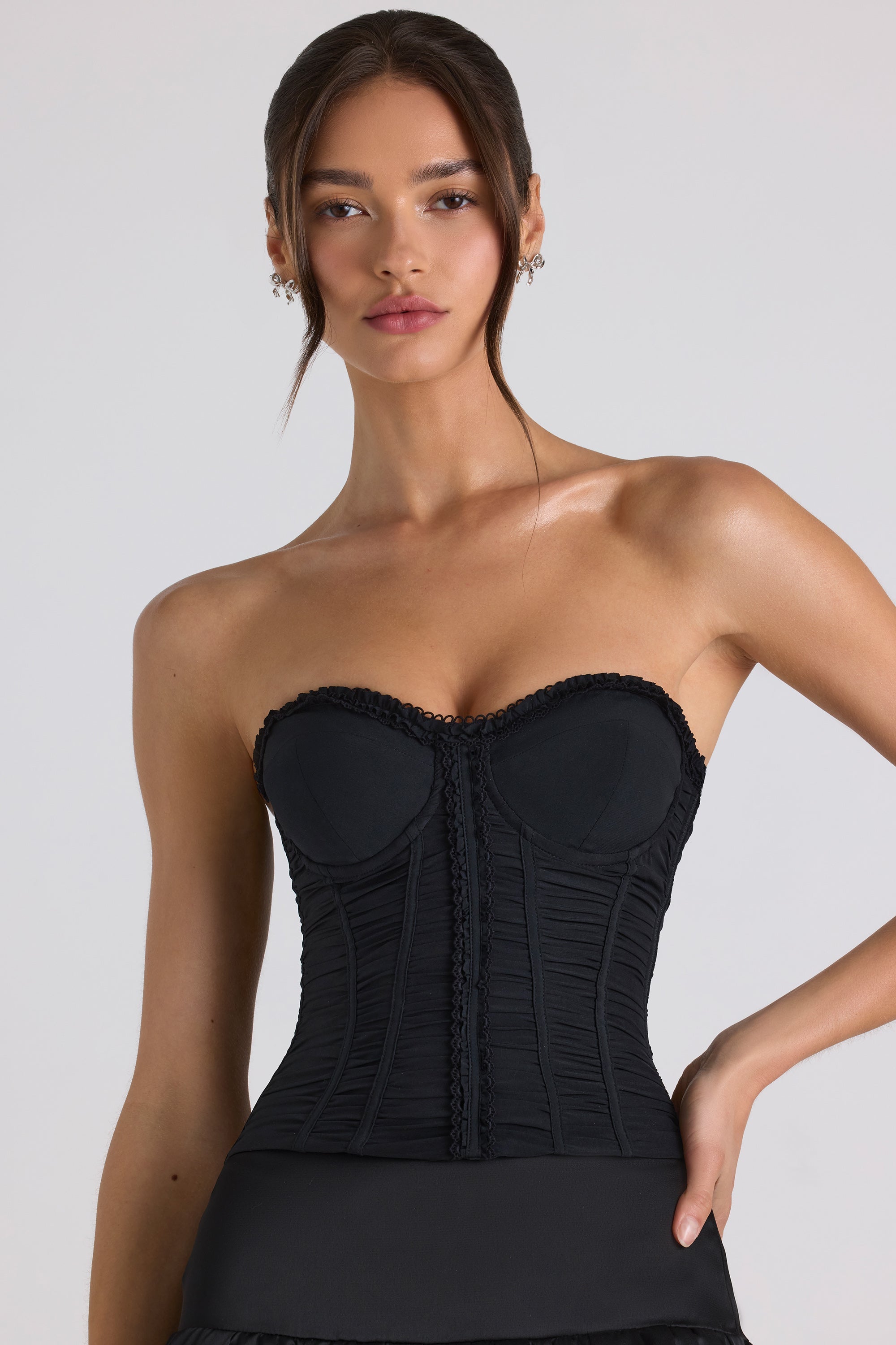 Melvina Ruched Lace-Up Strapless Corset Top in Black