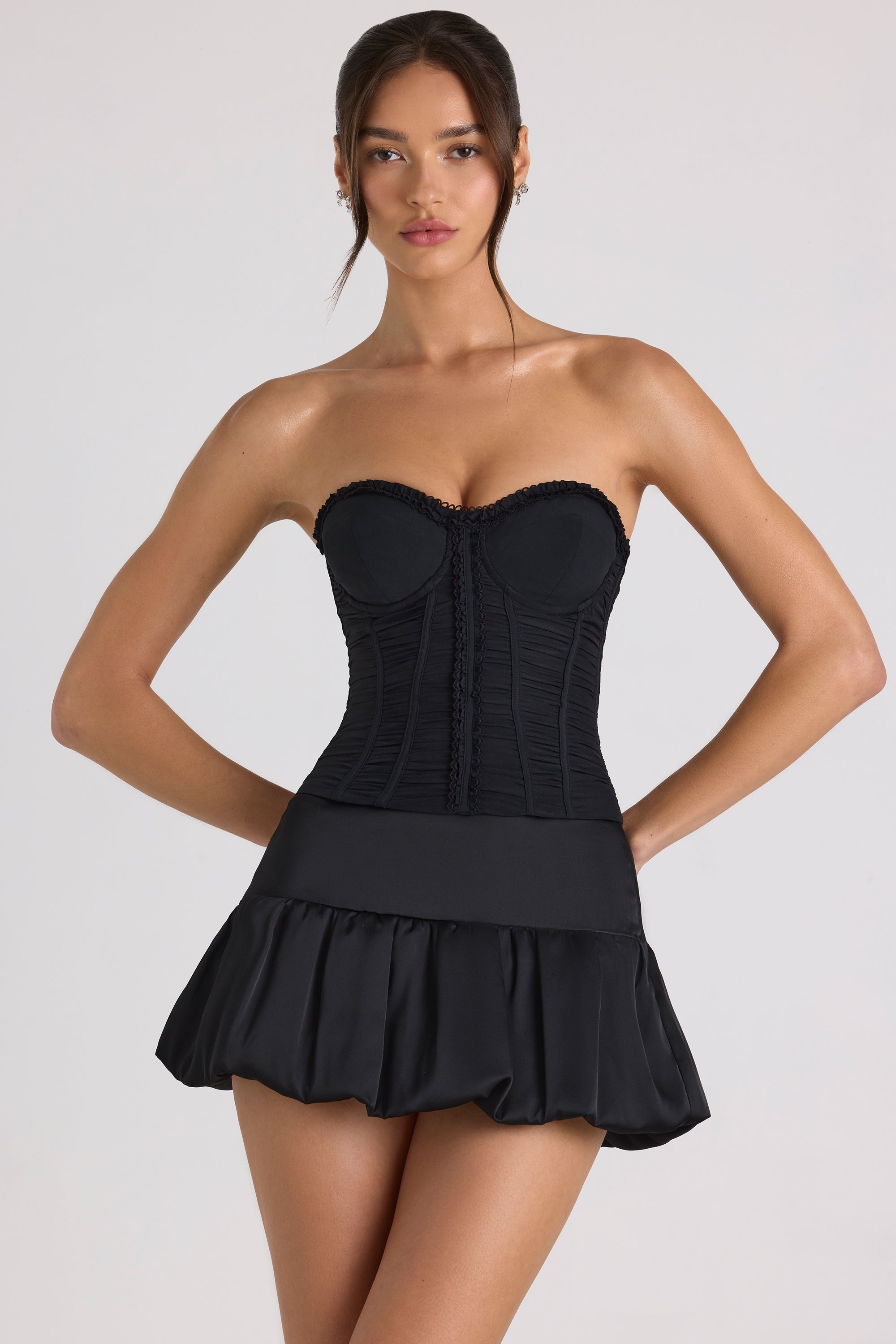 Melvina Ruched Lace-Up Strapless Corset Top in Black - Image 6