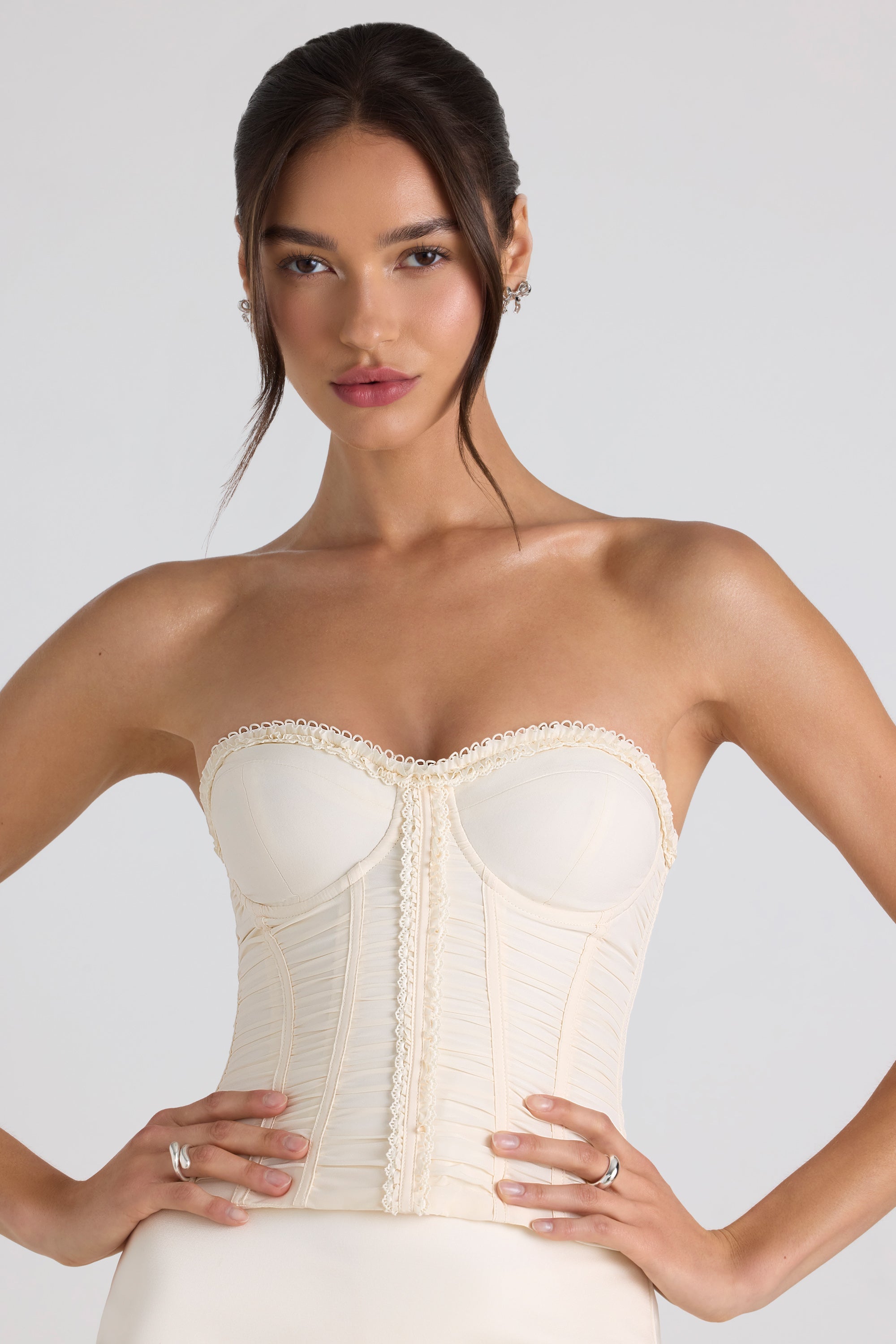 Melvina Ruched Lace-Up Strapless Corset Top in Ivory