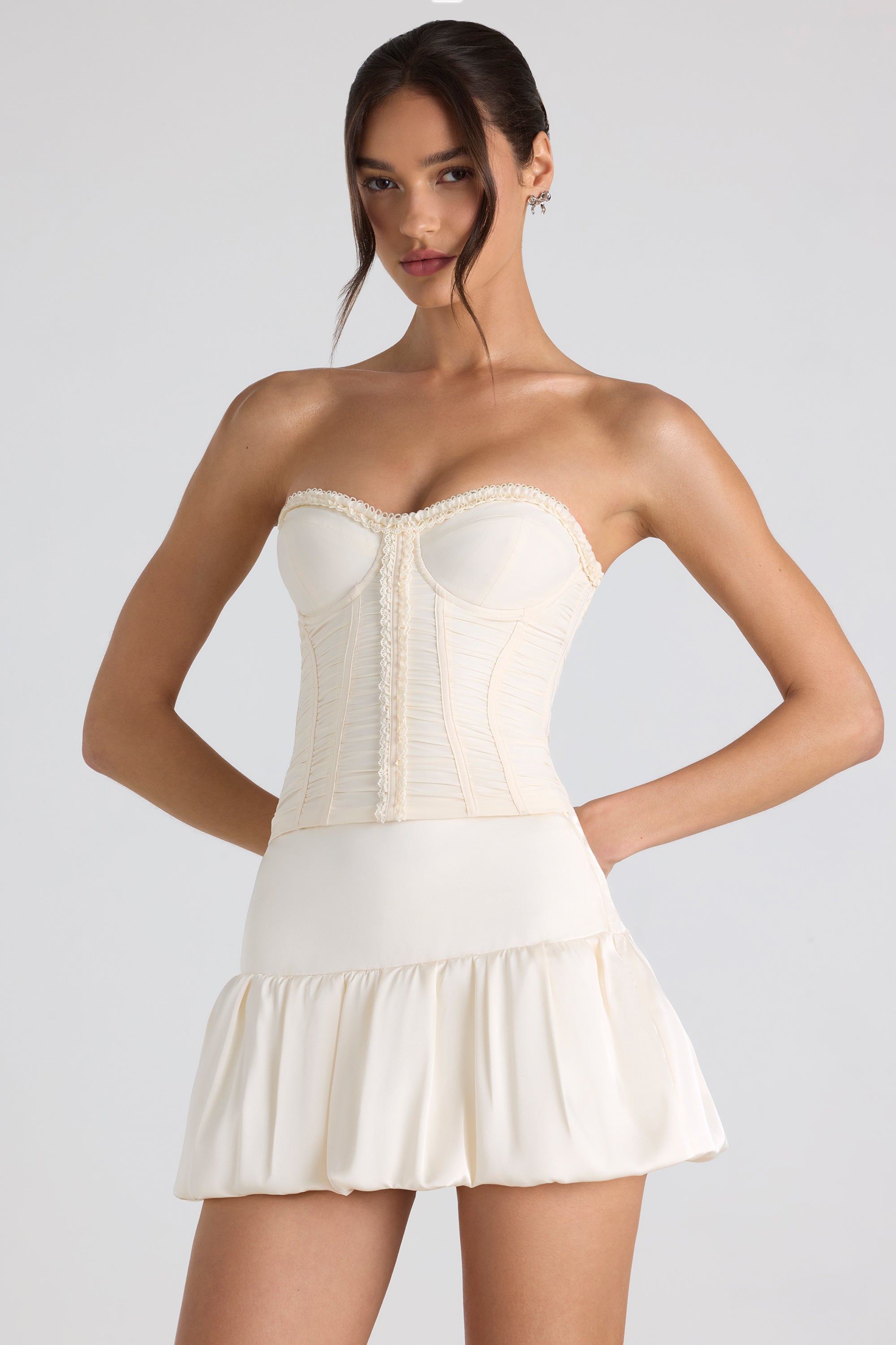 Melvina Ruched Lace-Up Strapless Corset Top in Ivory - Image 10