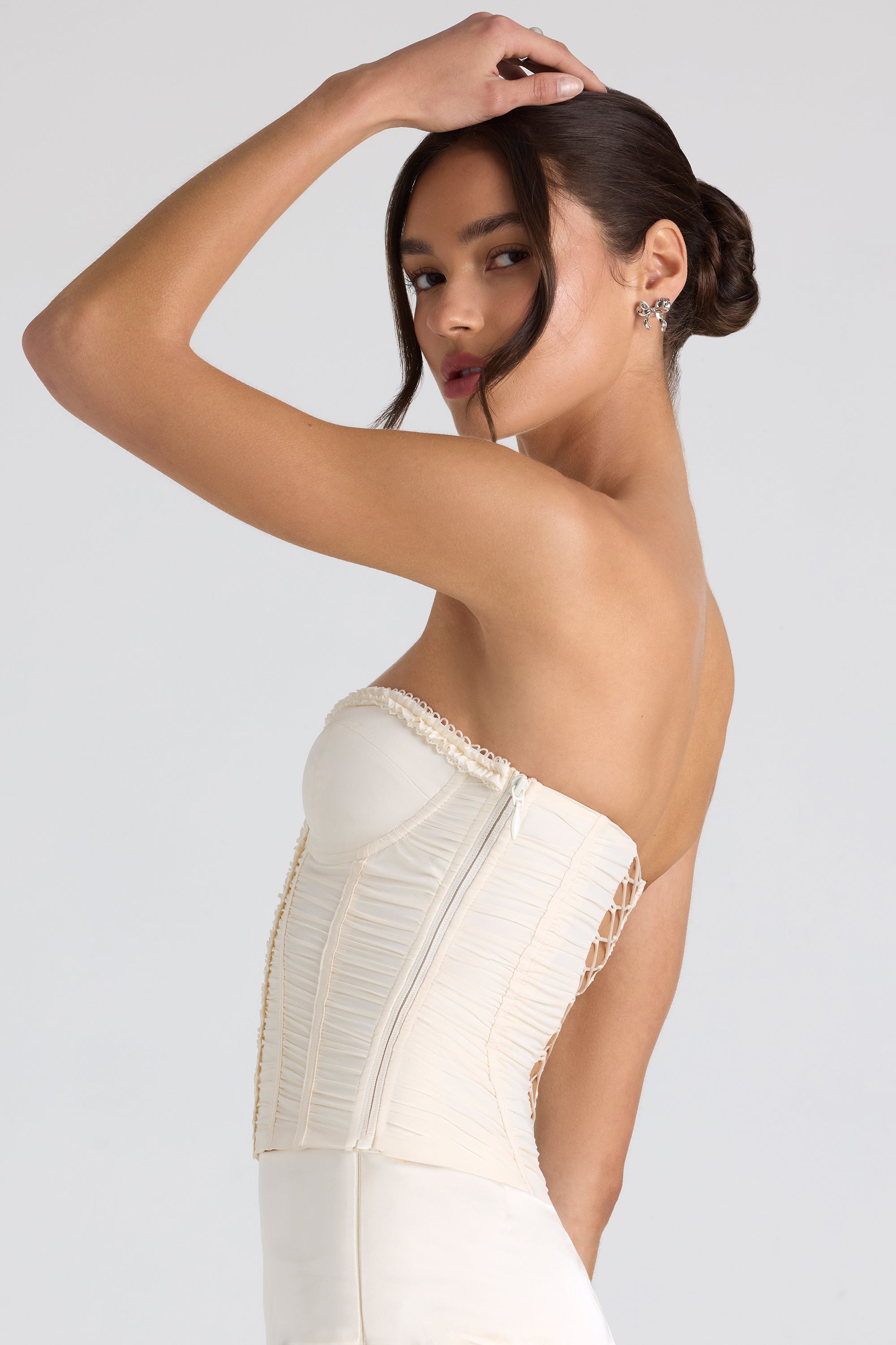 Melvina Ruched Lace-Up Strapless Corset Top in Ivory - Image 3