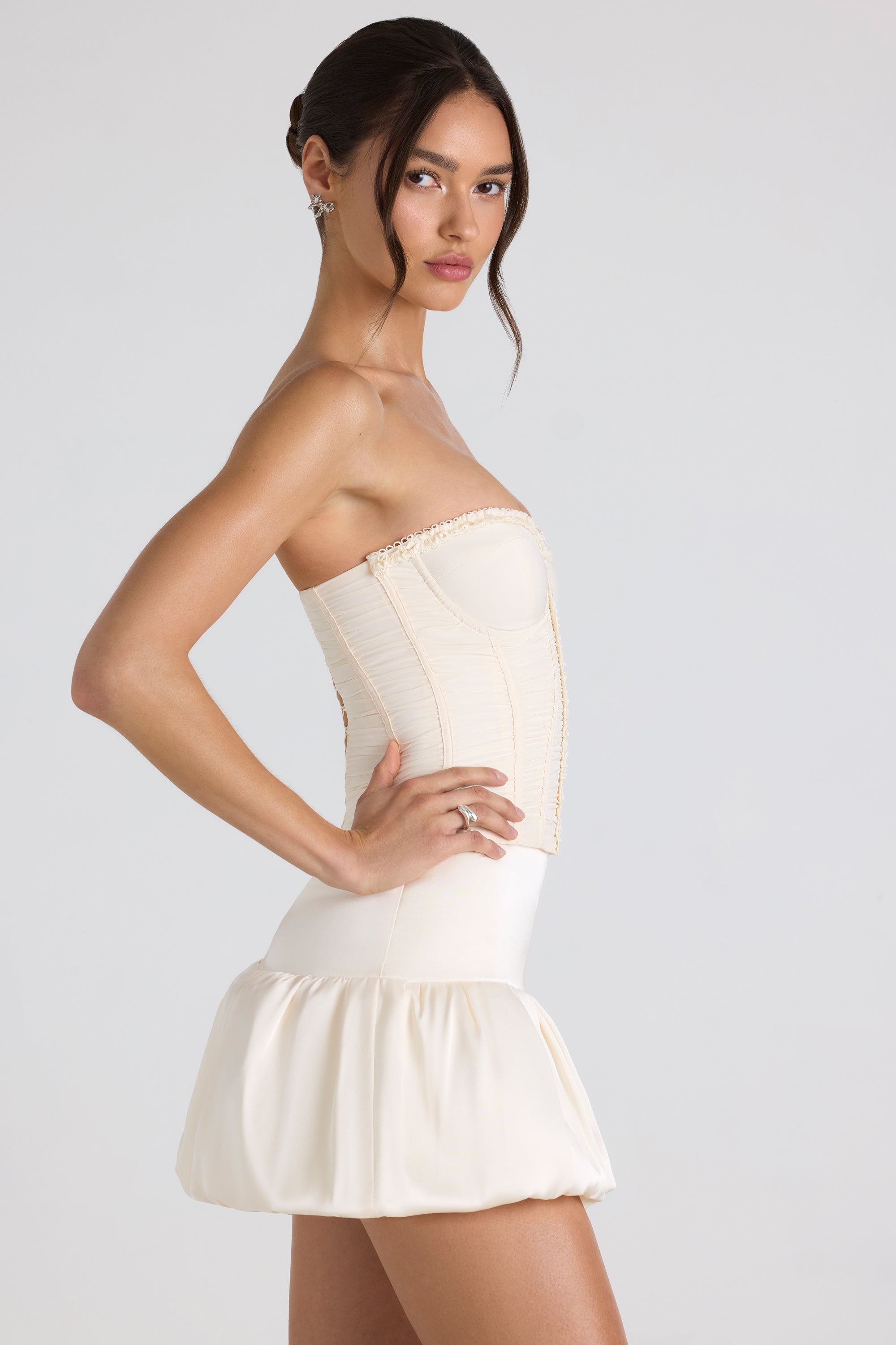 Melvina Ruched Lace-Up Strapless Corset Top in Ivory - Image 11