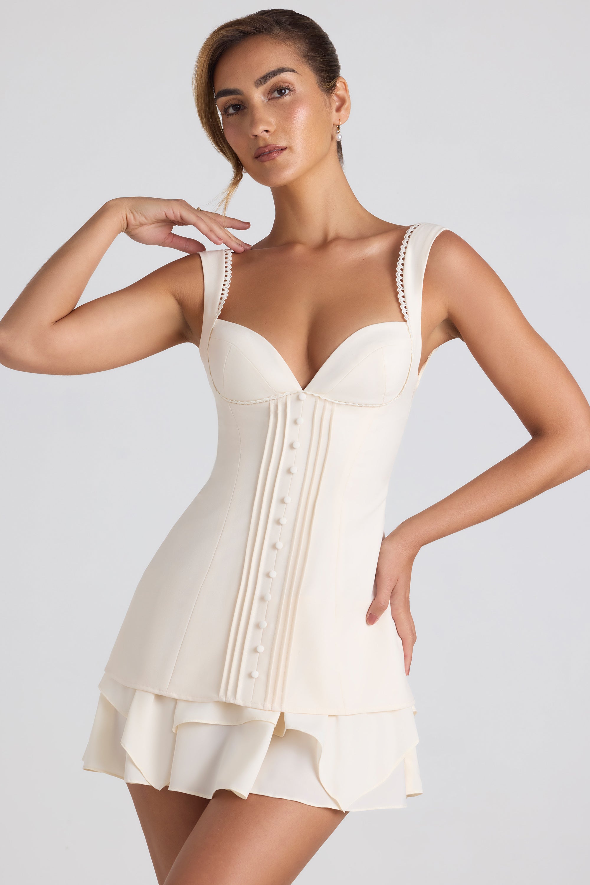 Cassandra Ruffle-Trim Button-Detail Corset Mini Dress in Ivory