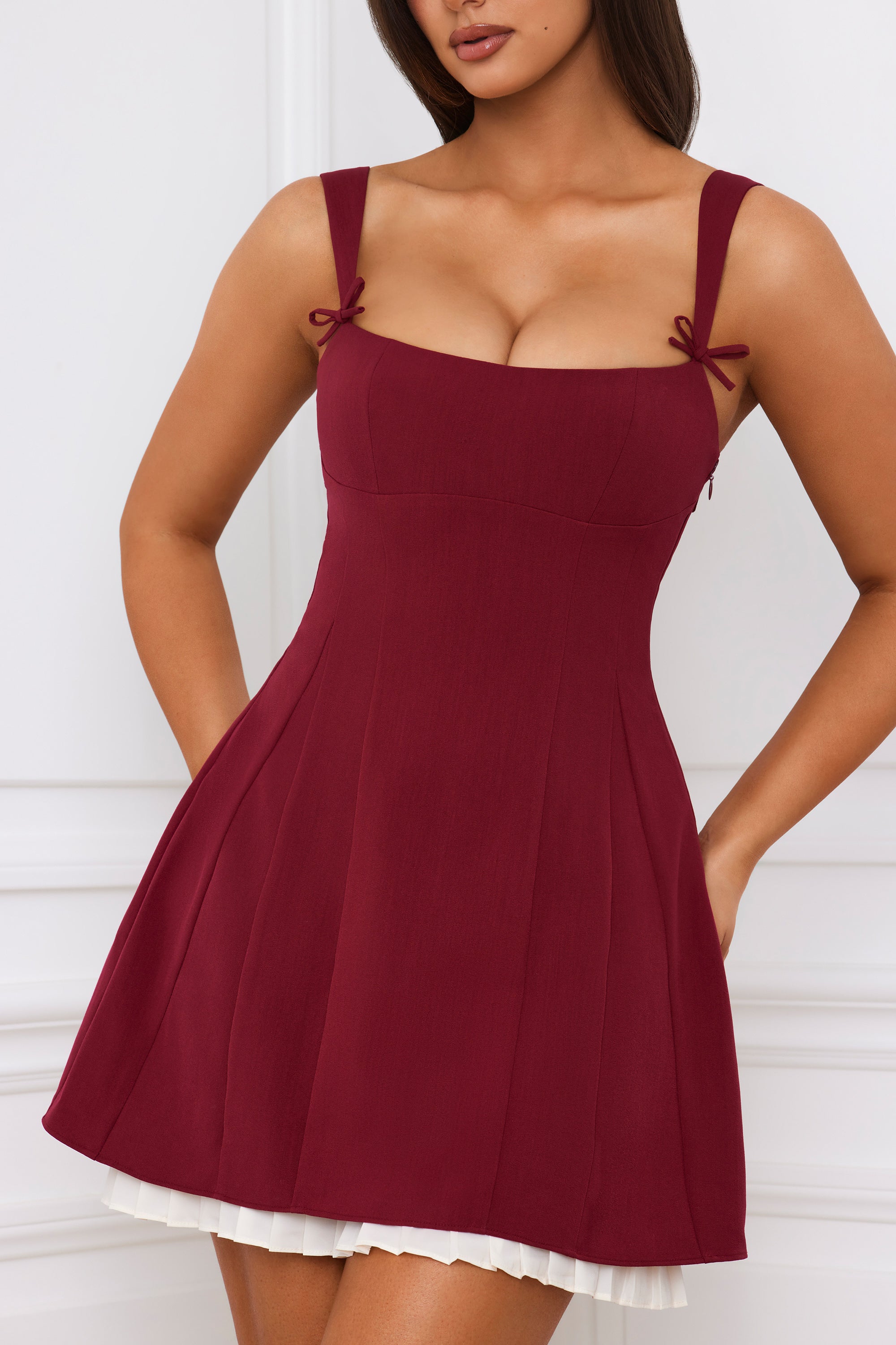 Cressida Bow-Detail Pleated A-Line Mini Dress in Berry Red - Image 5