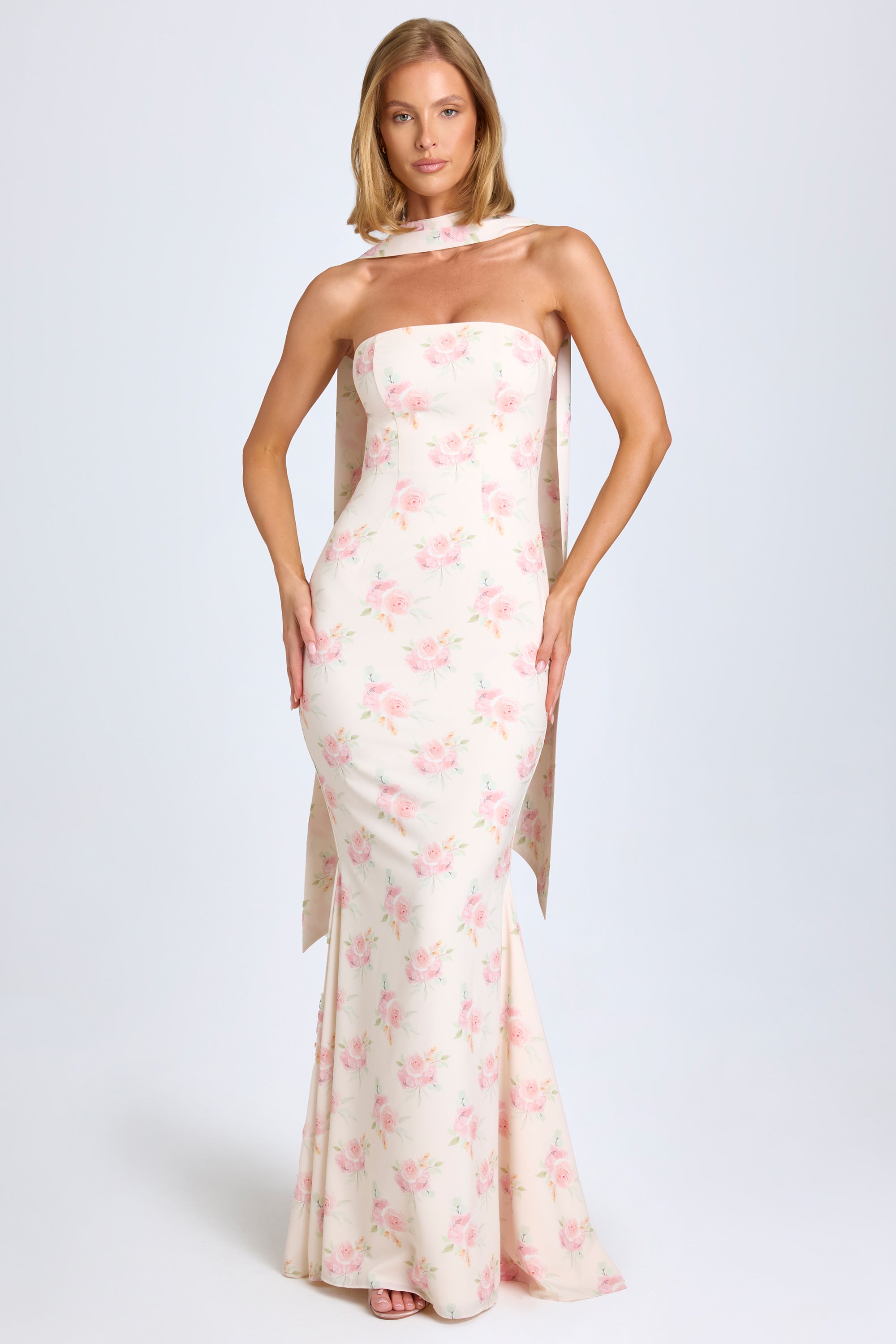 Imogene Scarf-Detail Strapless Gown in Rose Print - Image 5