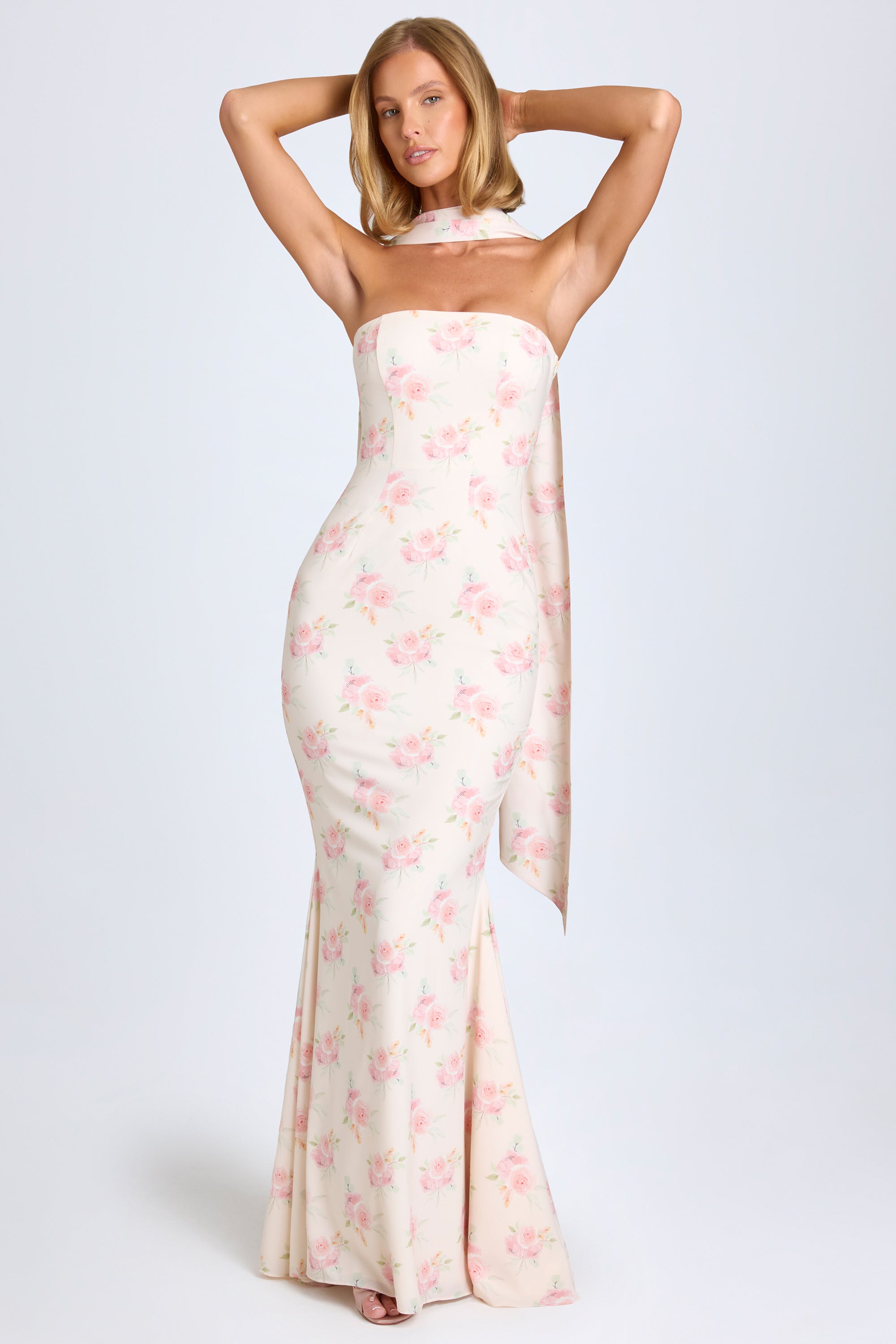 Imogene Scarf-Detail Strapless Gown in Rose Print - Image 6