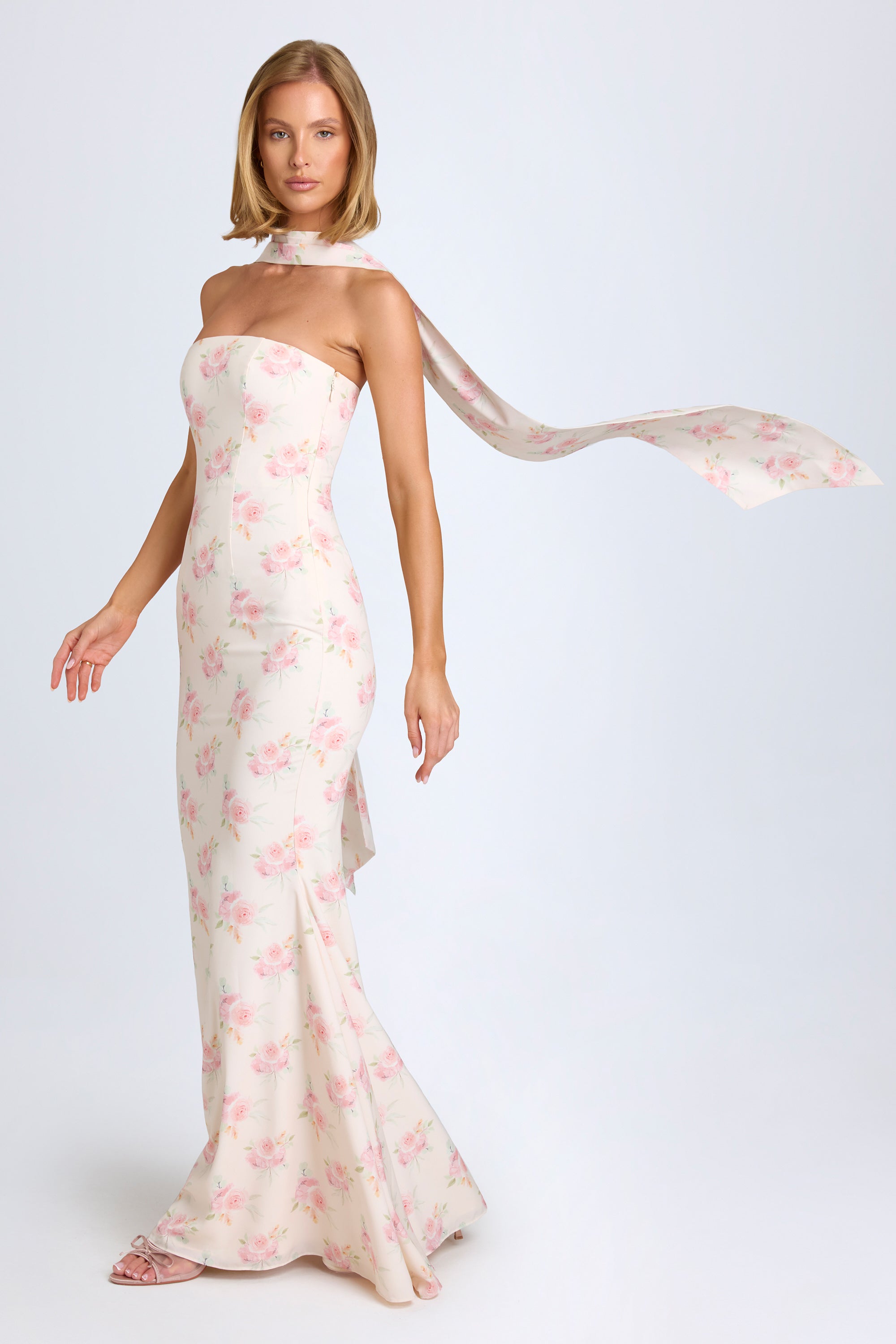 Imogene Scarf-Detail Strapless Gown in Rose Print - Image 8