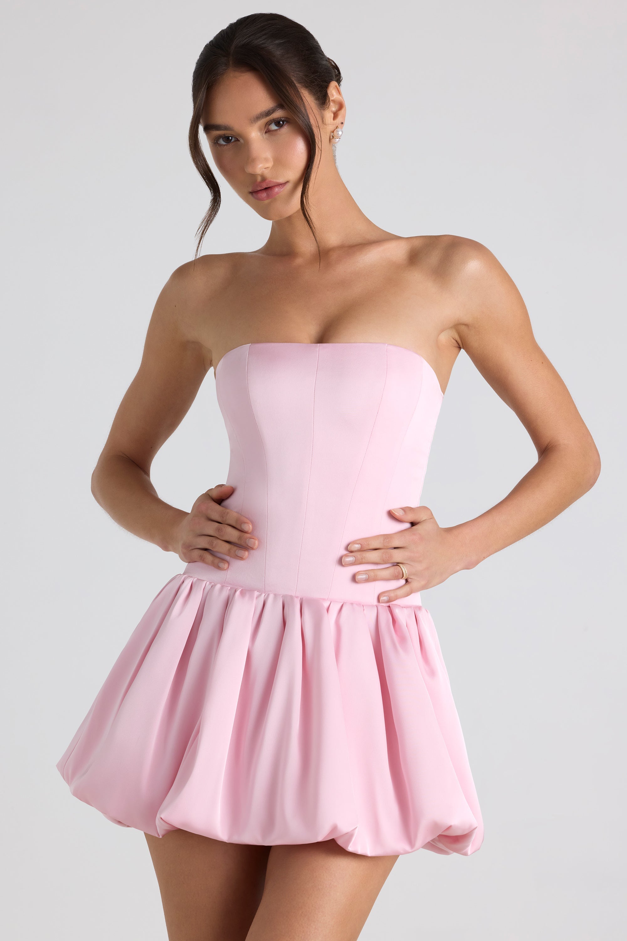 Fabiola Lace-Up Bubble Hem Corset Mini Dress in Soft Pink - Image 6