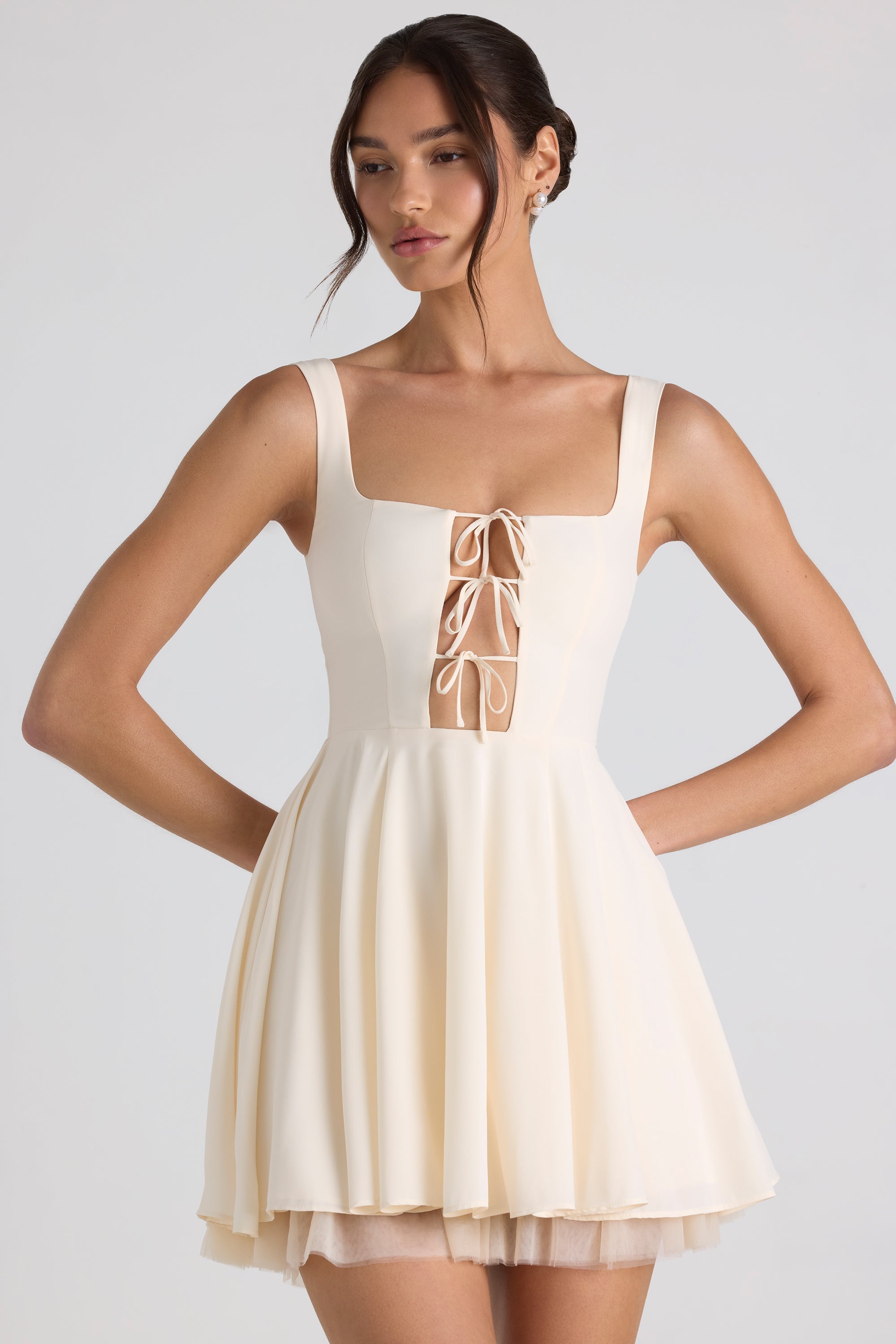 Nanisca Tie-Detail A-Line Micro Mini Dress in Ivory - Image 4