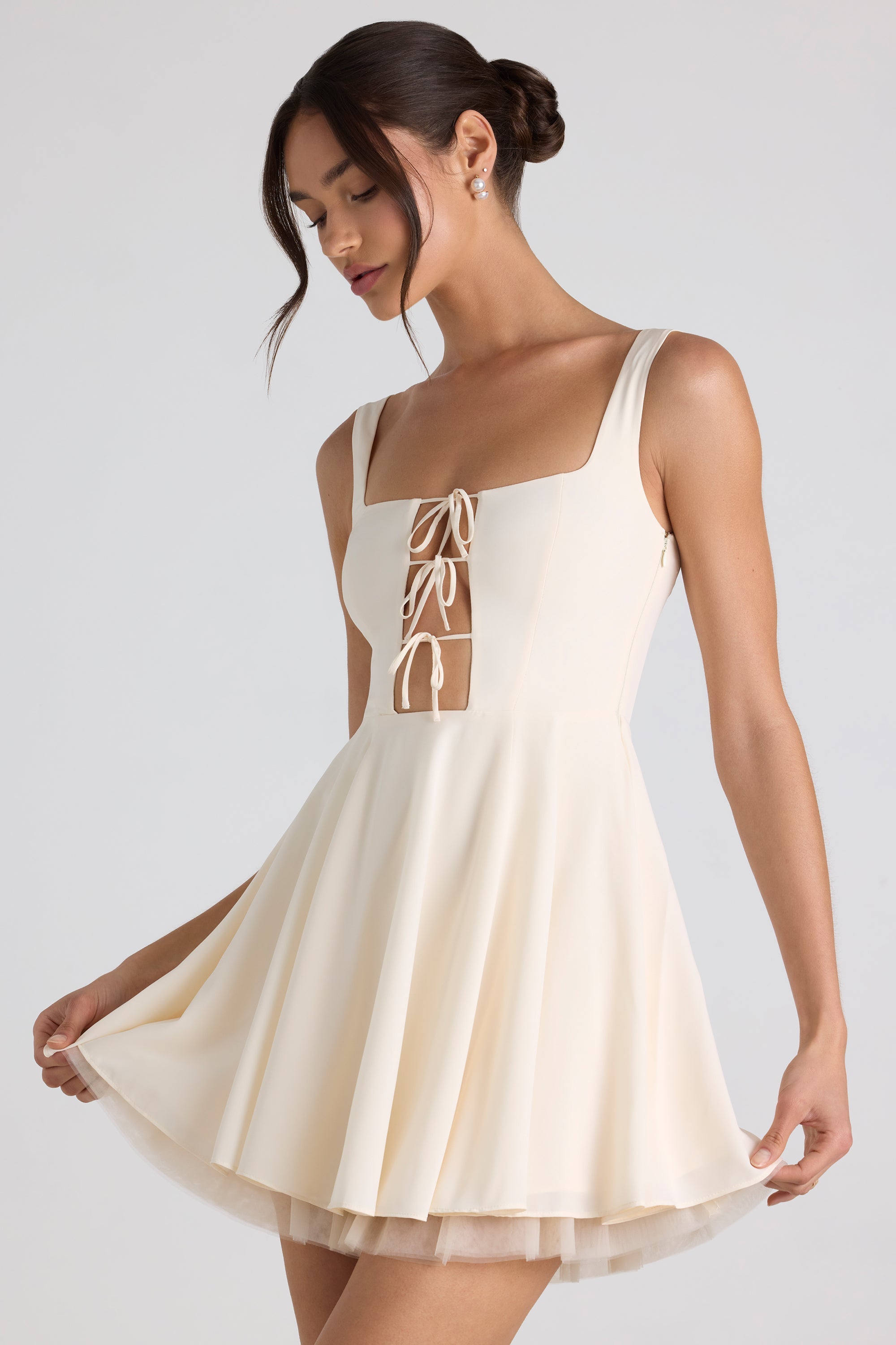 Nanisca Tie-Detail A-Line Micro Mini Dress in Ivory - Image 6