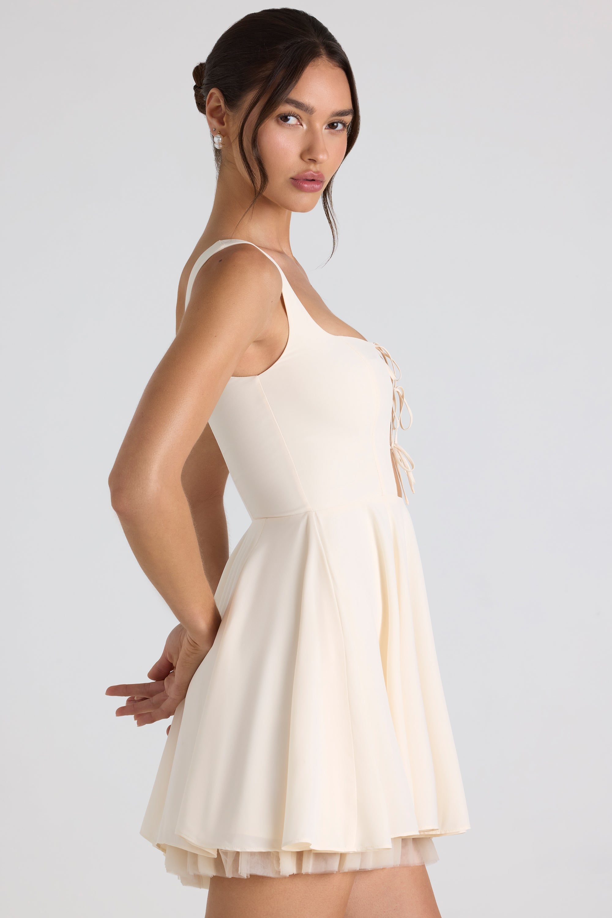 Nanisca Tie-Detail A-Line Micro Mini Dress in Ivory - Image 3