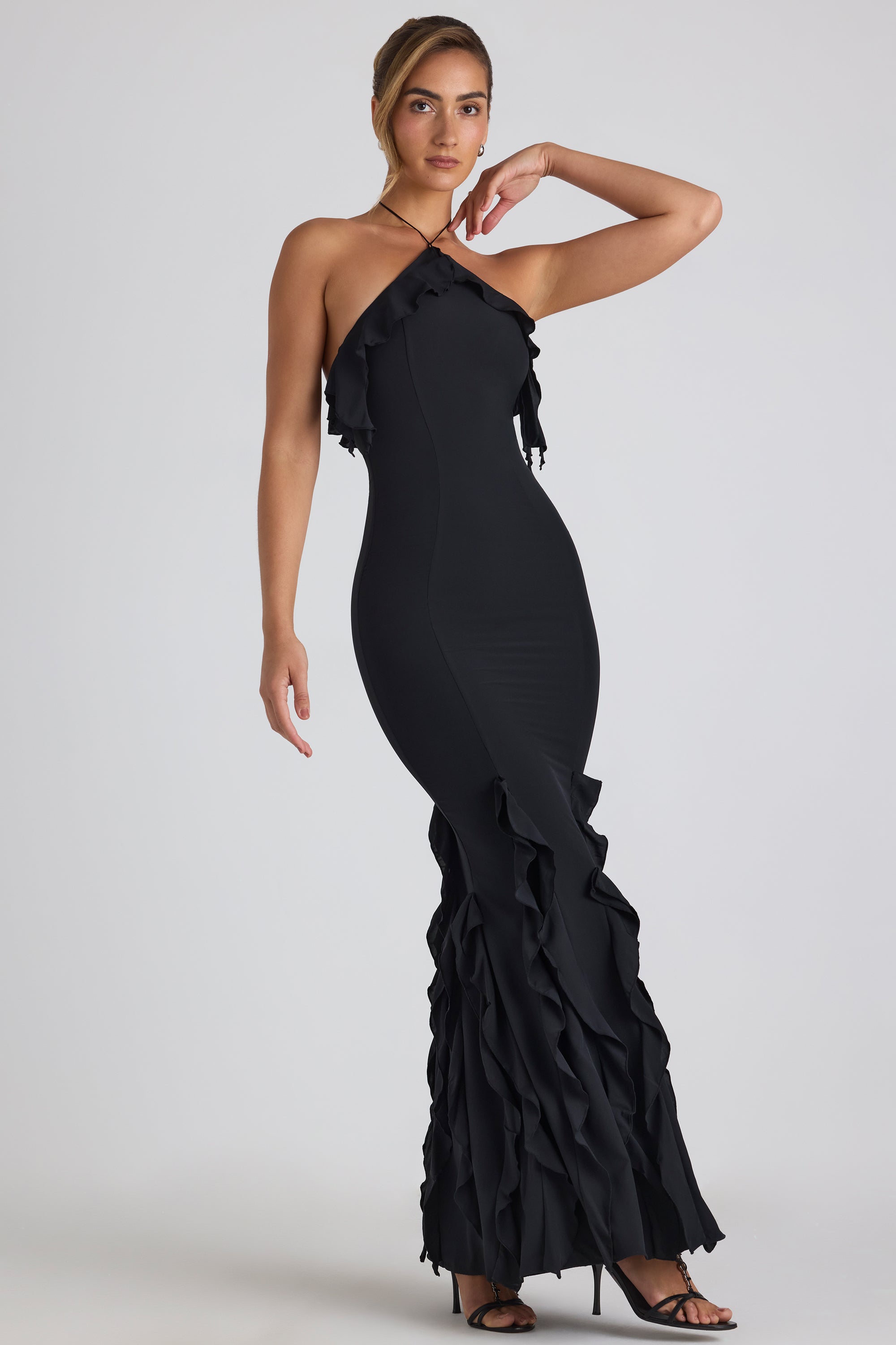Mireya Ruffle-Trim Halterneck Gown in Black - Image 6