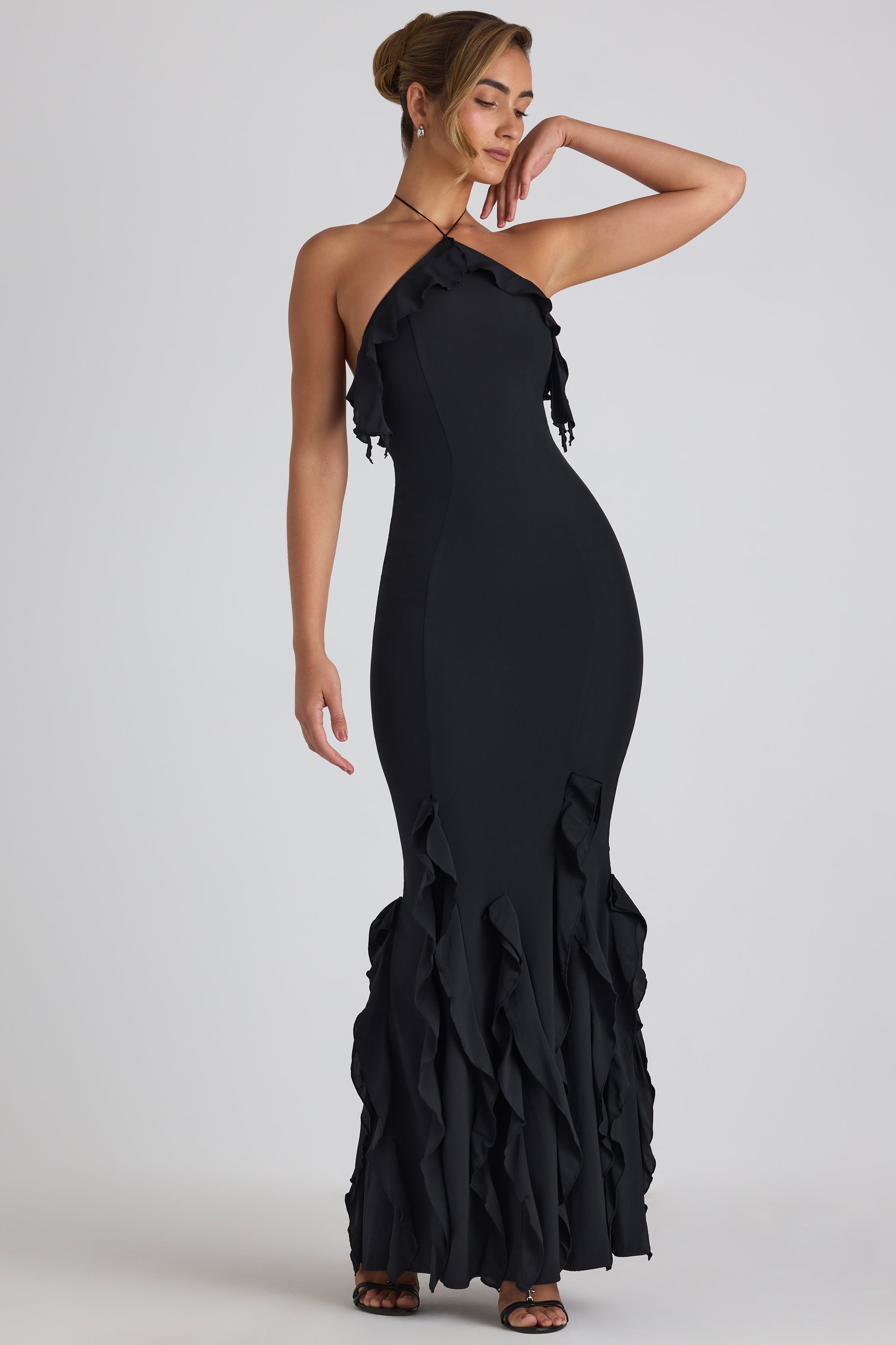 Mireya Ruffle-Trim Halterneck Gown in Black