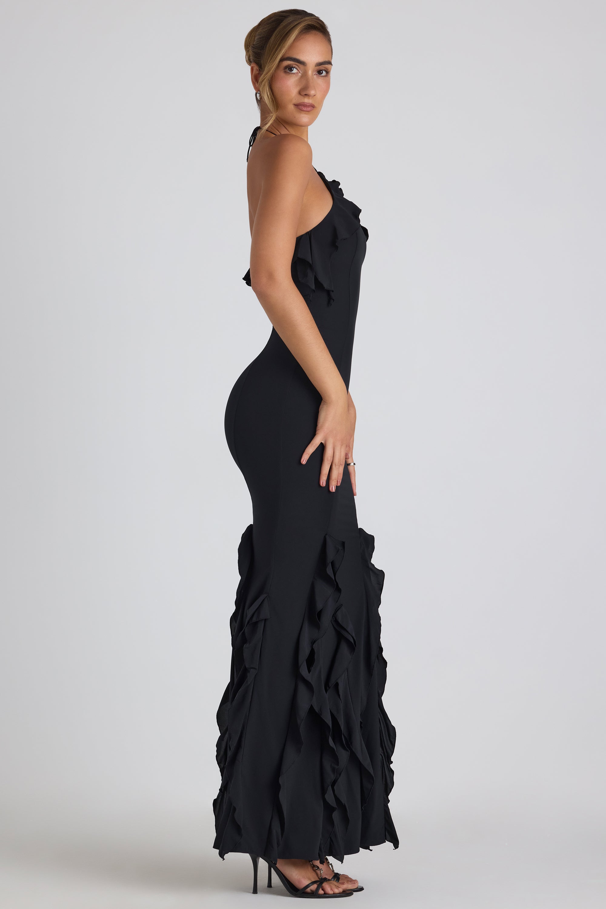 Mireya Ruffle-Trim Halterneck Gown in Black - Image 3