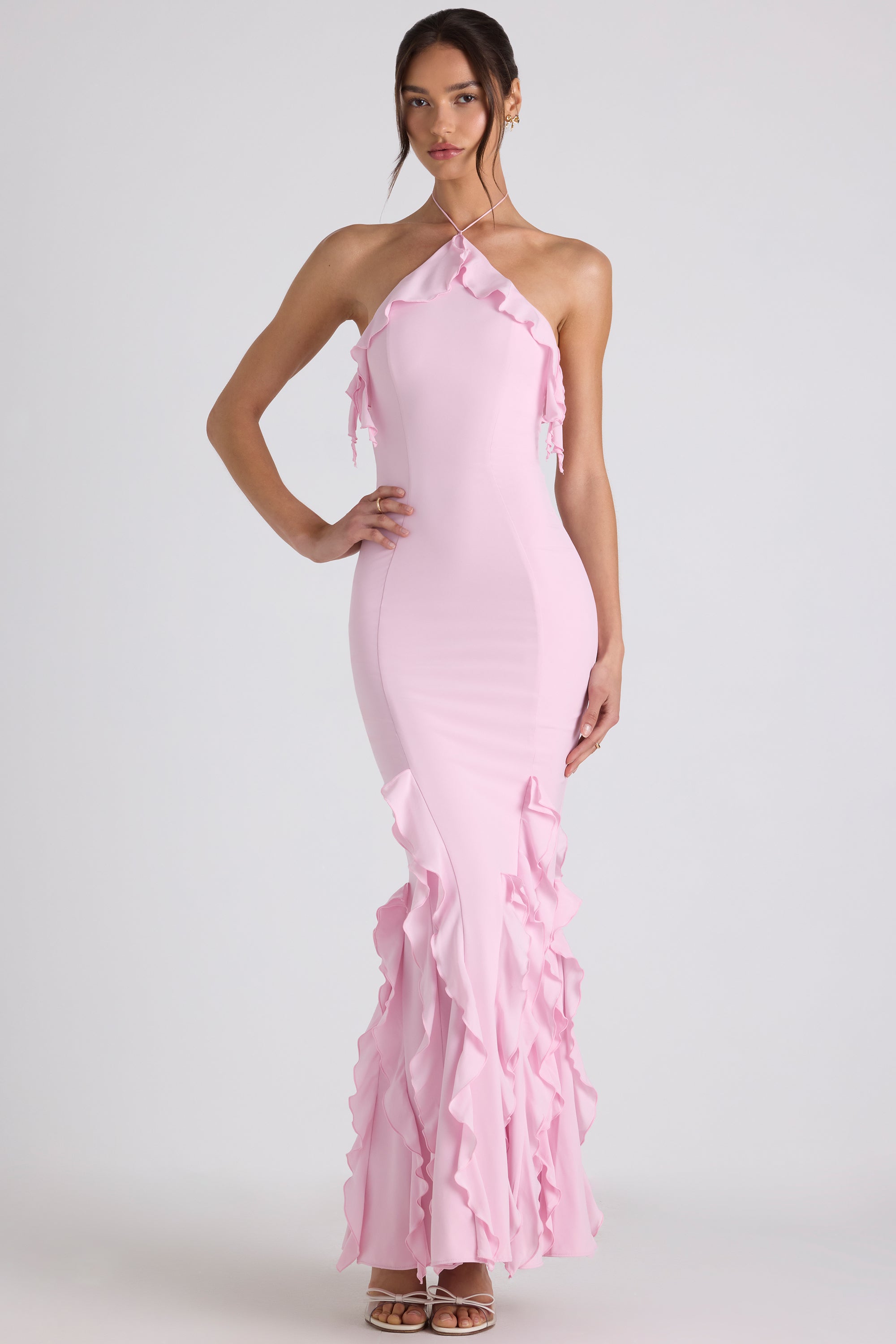 Mireya Ruffle-Trim Halterneck Gown in Soft Pink