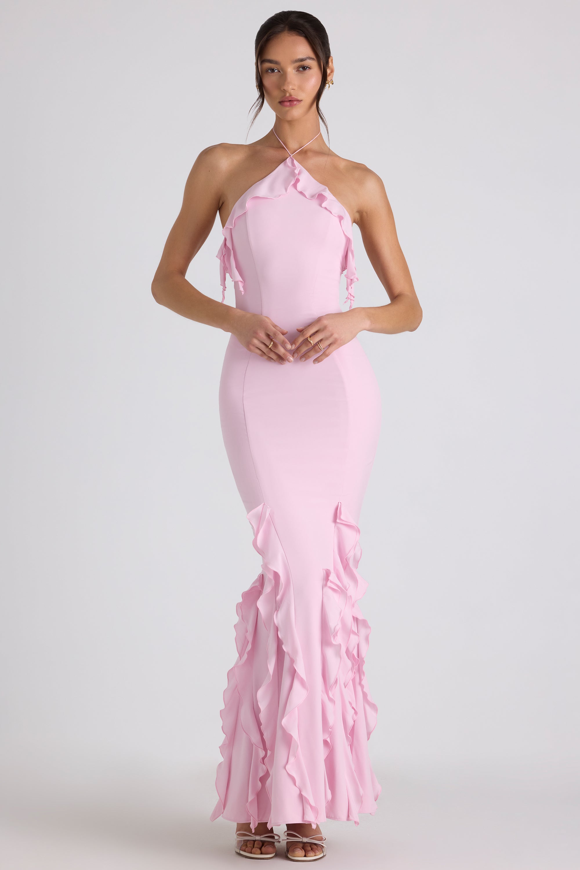 Mireya Ruffle-Trim Halterneck Gown in Soft Pink - Image 7