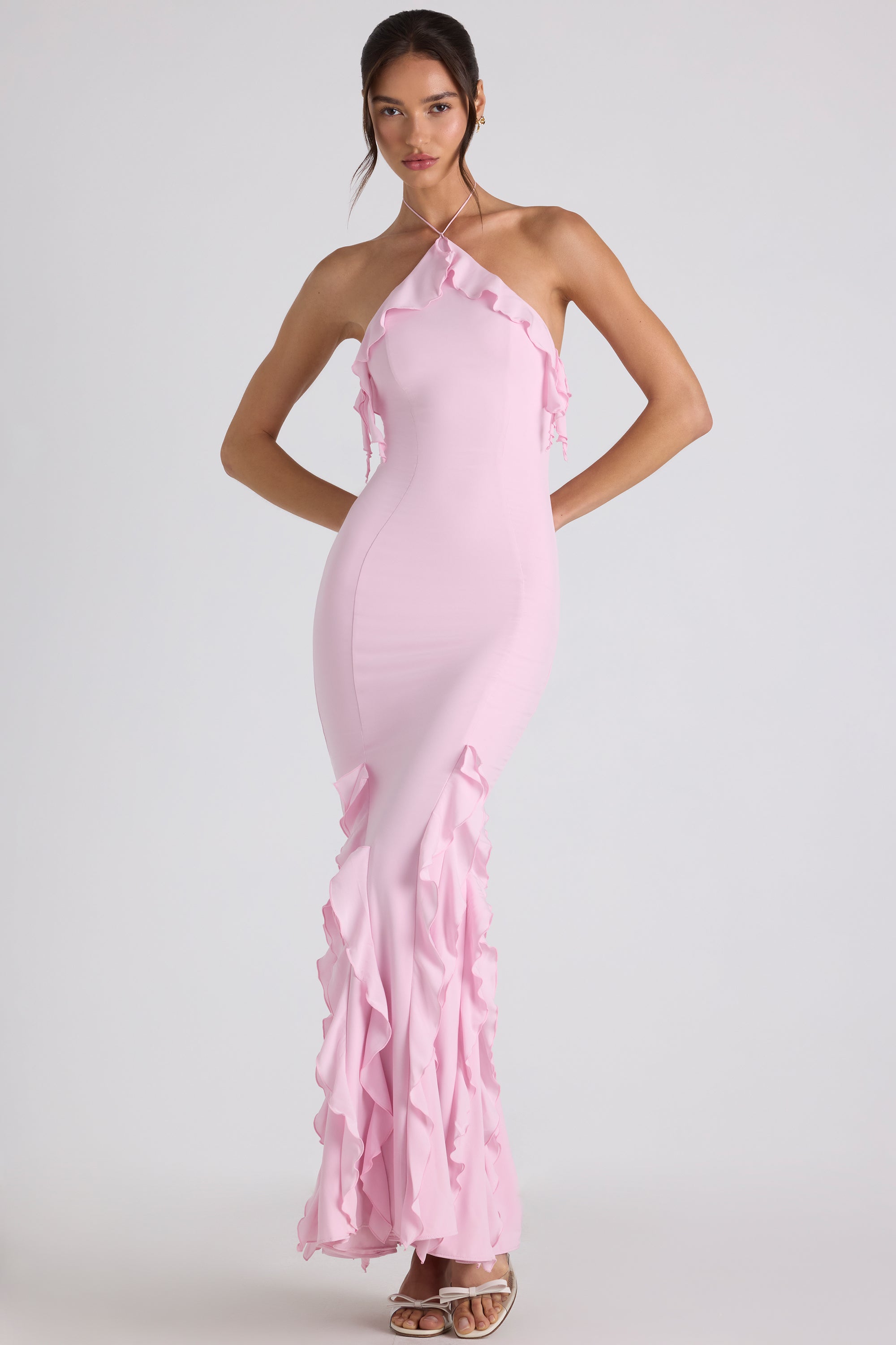 Mireya Ruffle-Trim Halterneck Gown in Soft Pink - Image 6